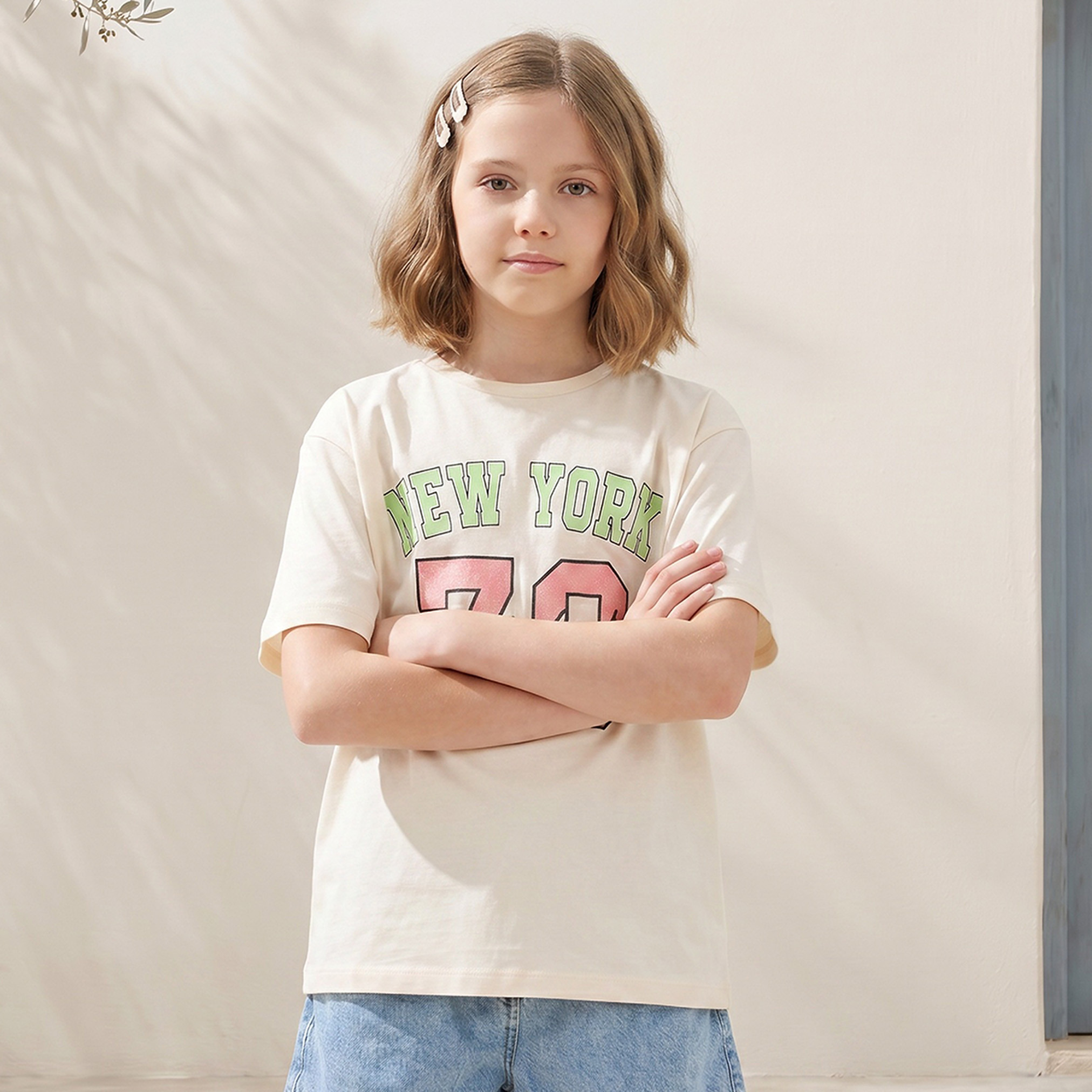 Juniors Crew Neck Short Sleeves T-shirt with New York Print-girls-clothing-tshirts-image-1