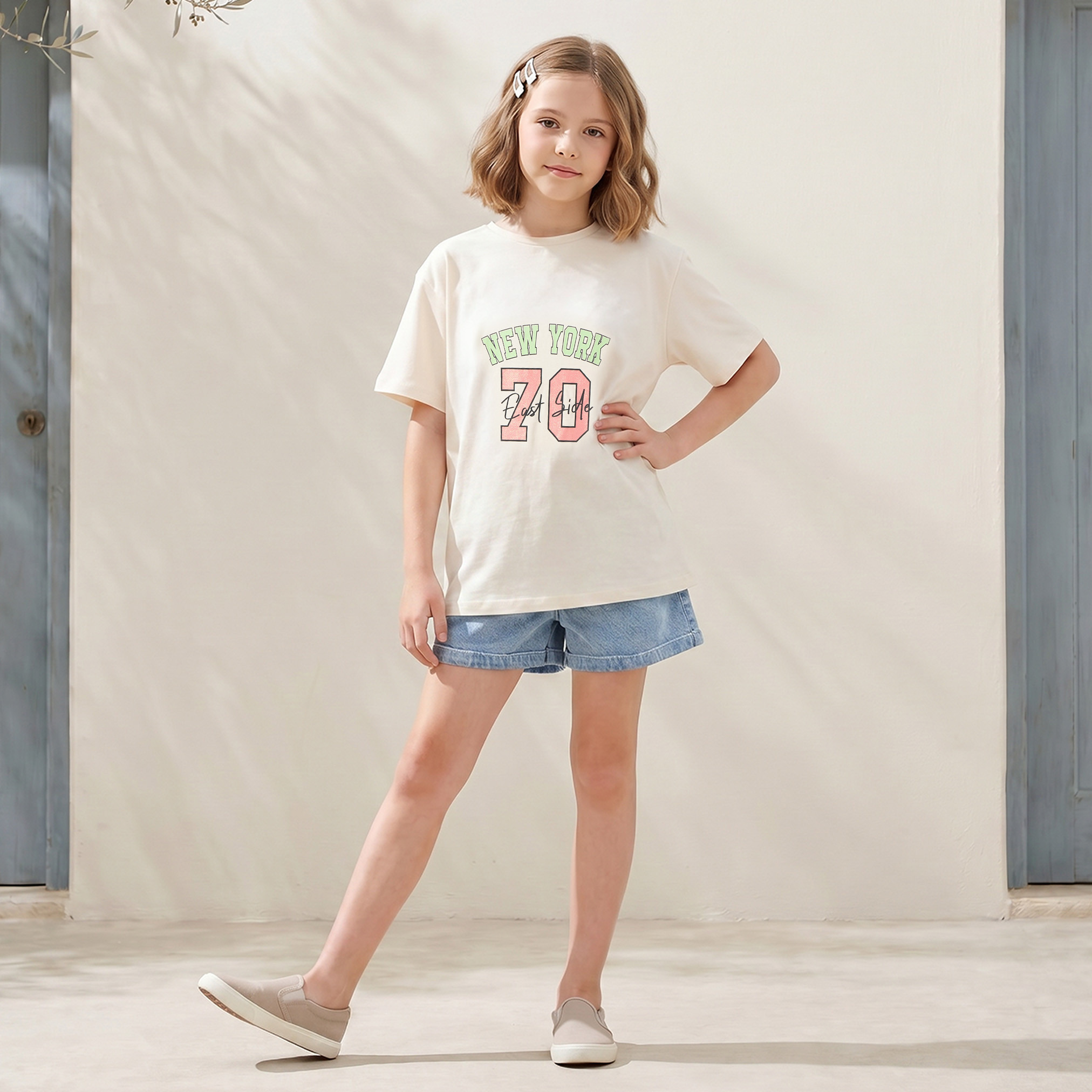 Juniors Crew Neck Short Sleeves T-shirt with New York Print-girls-clothing-tshirts-image-3