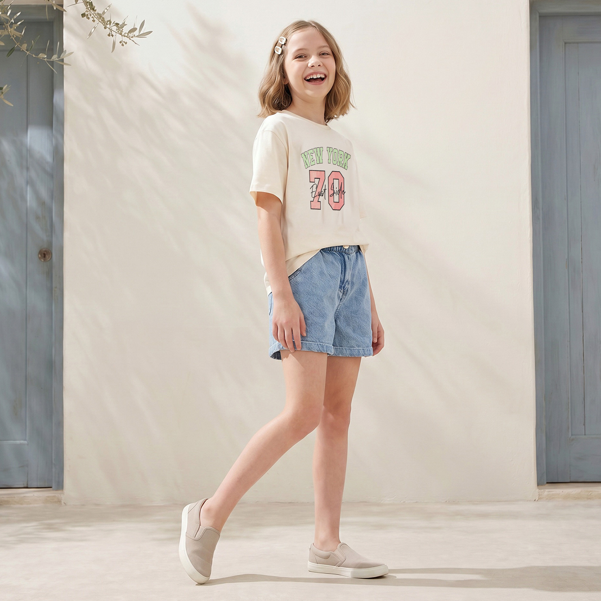 Juniors Crew Neck Short Sleeves T-shirt with New York Print-girls-clothing-tshirts-image-5