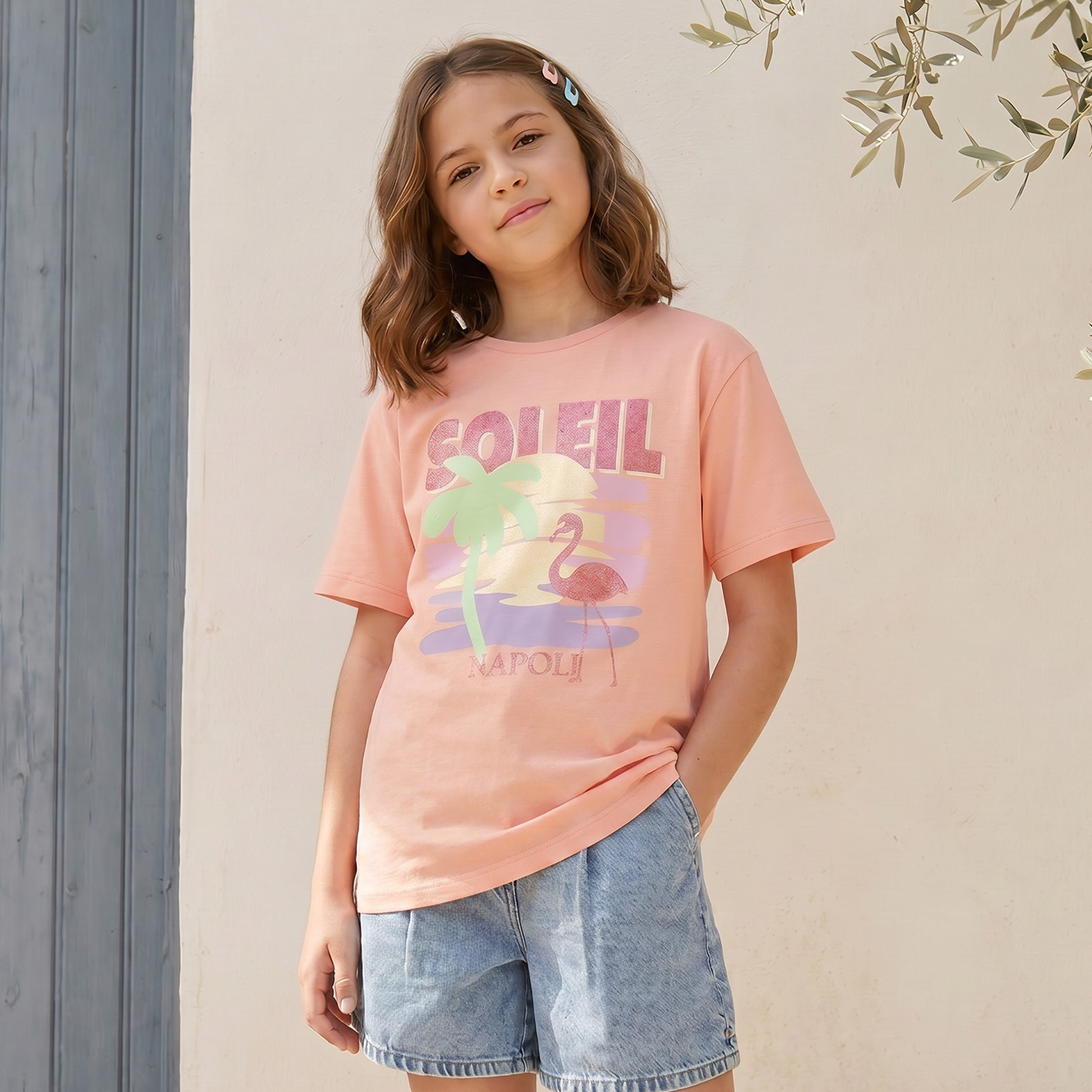 تيشيرت بياقة ضيقة وأكمام قصيرة وطبعات من جونيورز-girls-clothing-tshirts-image-1