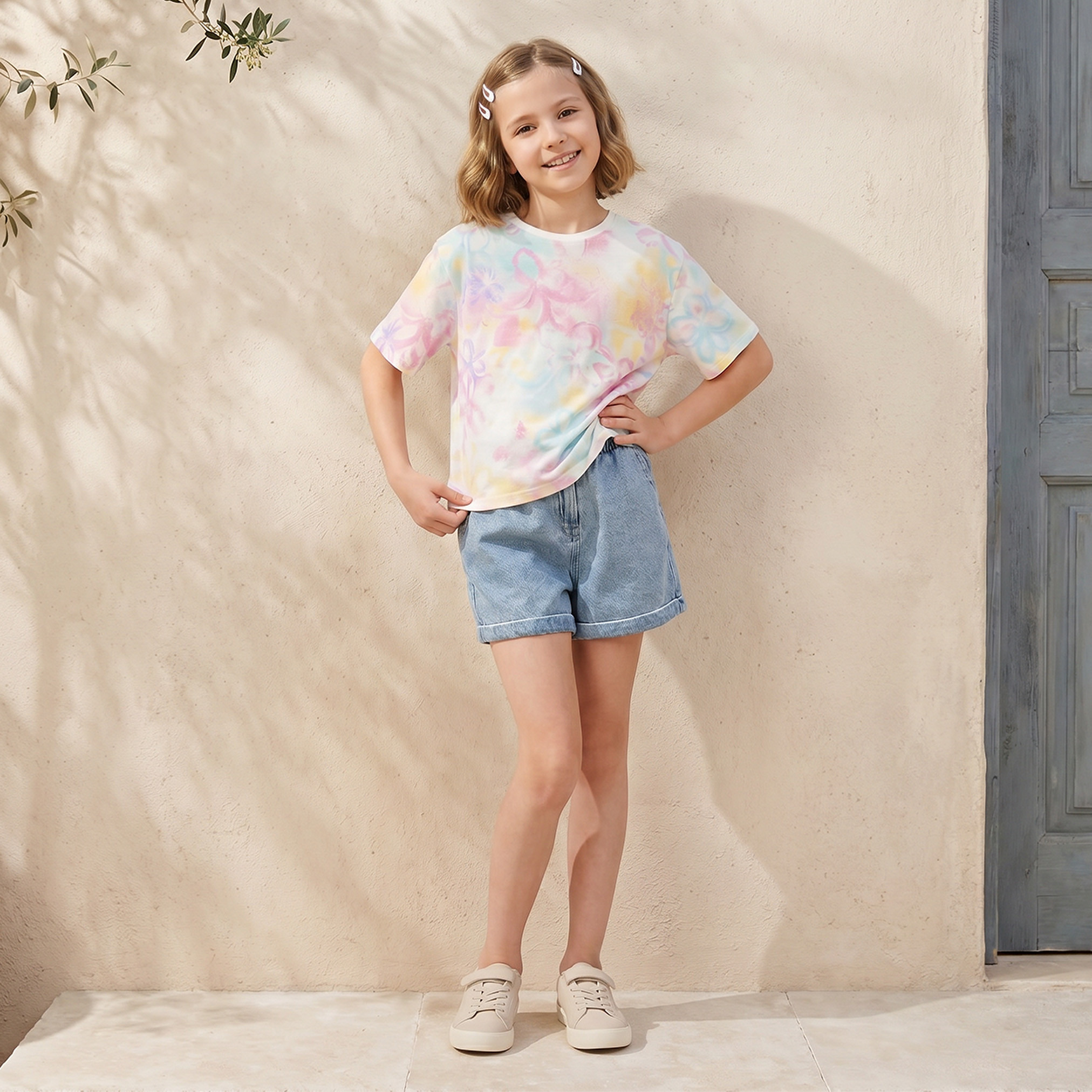 تيشيرت برقبة ضيقة وأكمام قصيرة وطبعات تاي داي من جونيورز-girls-clothing-tshirts-image-2