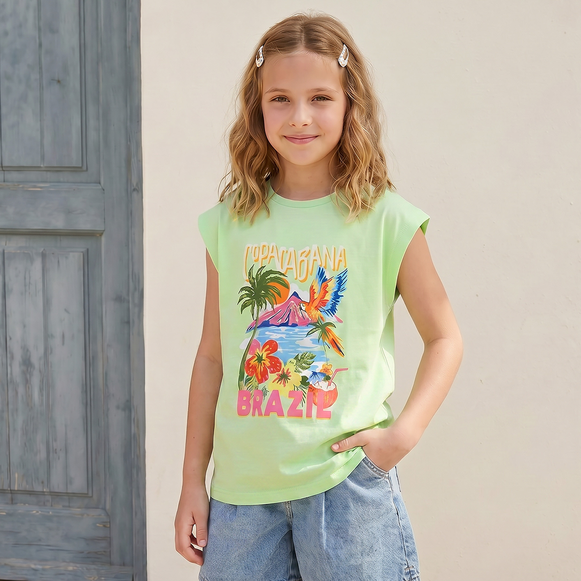 Juniors Crew Neck Sleeveless T-shirt with Tropical Print-girls-clothing-tshirts-image-1