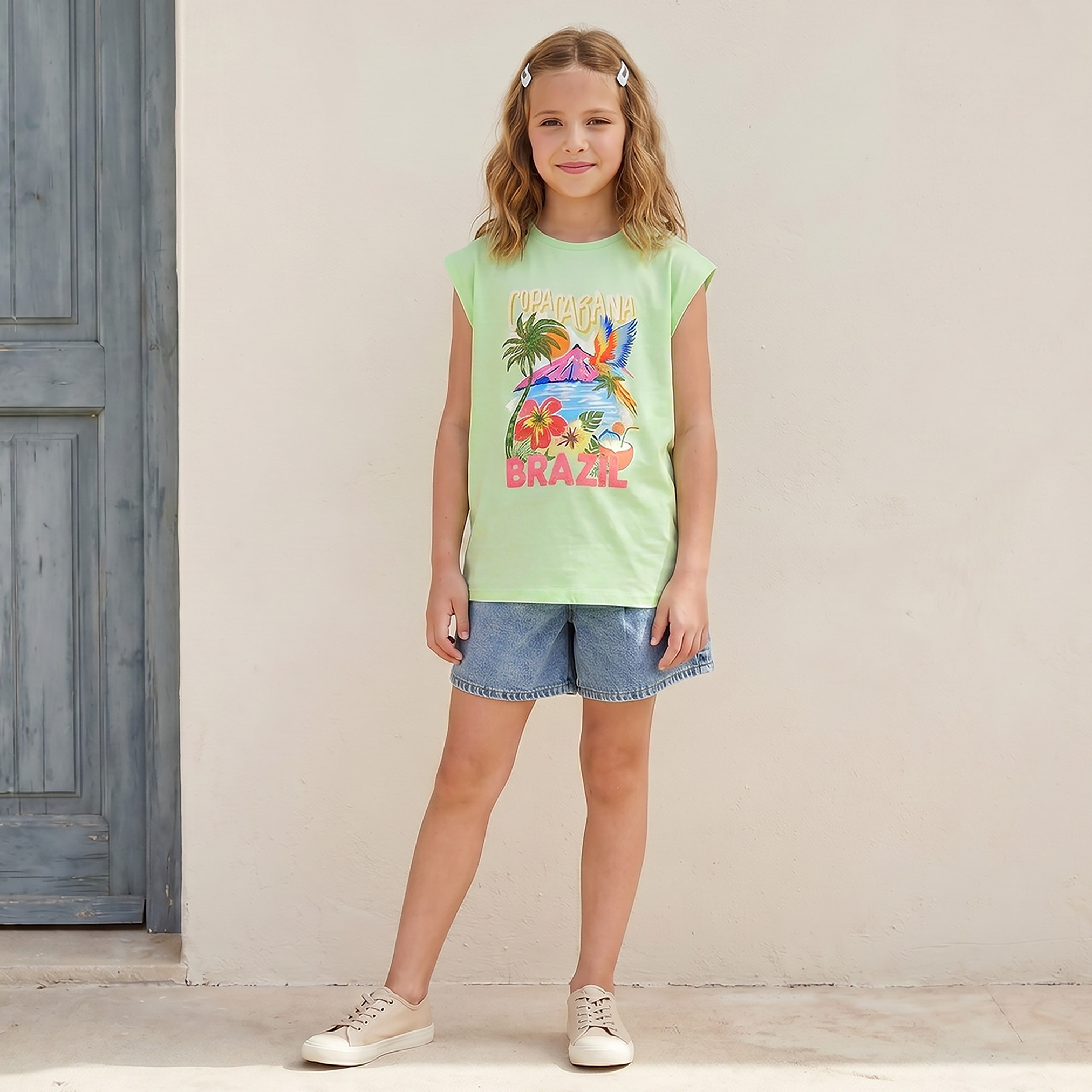 Juniors Crew Neck Sleeveless T-shirt with Tropical Print-girls-clothing-tshirts-image-2