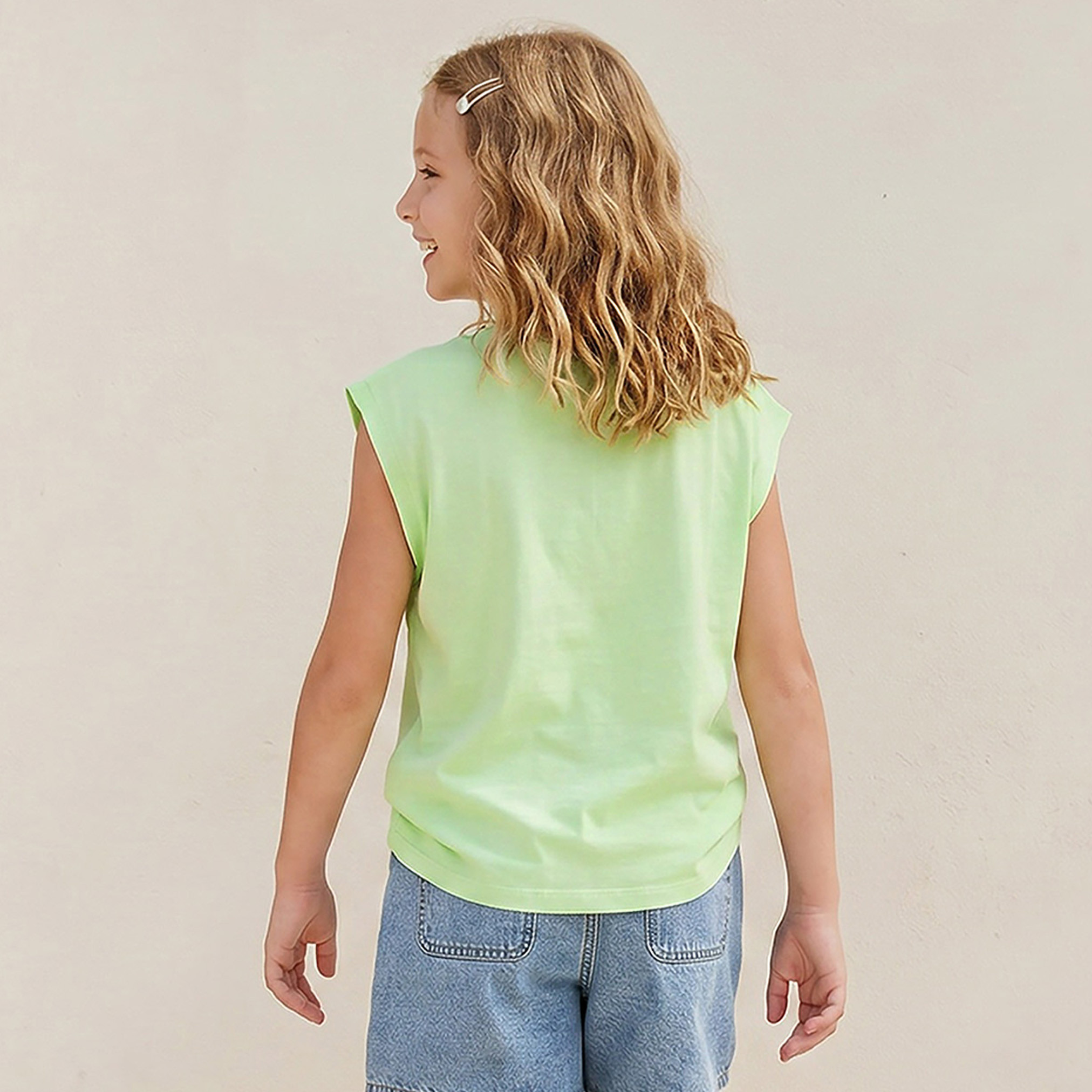 Juniors Crew Neck Sleeveless T-shirt with Tropical Print-girls-clothing-tshirts-image-3