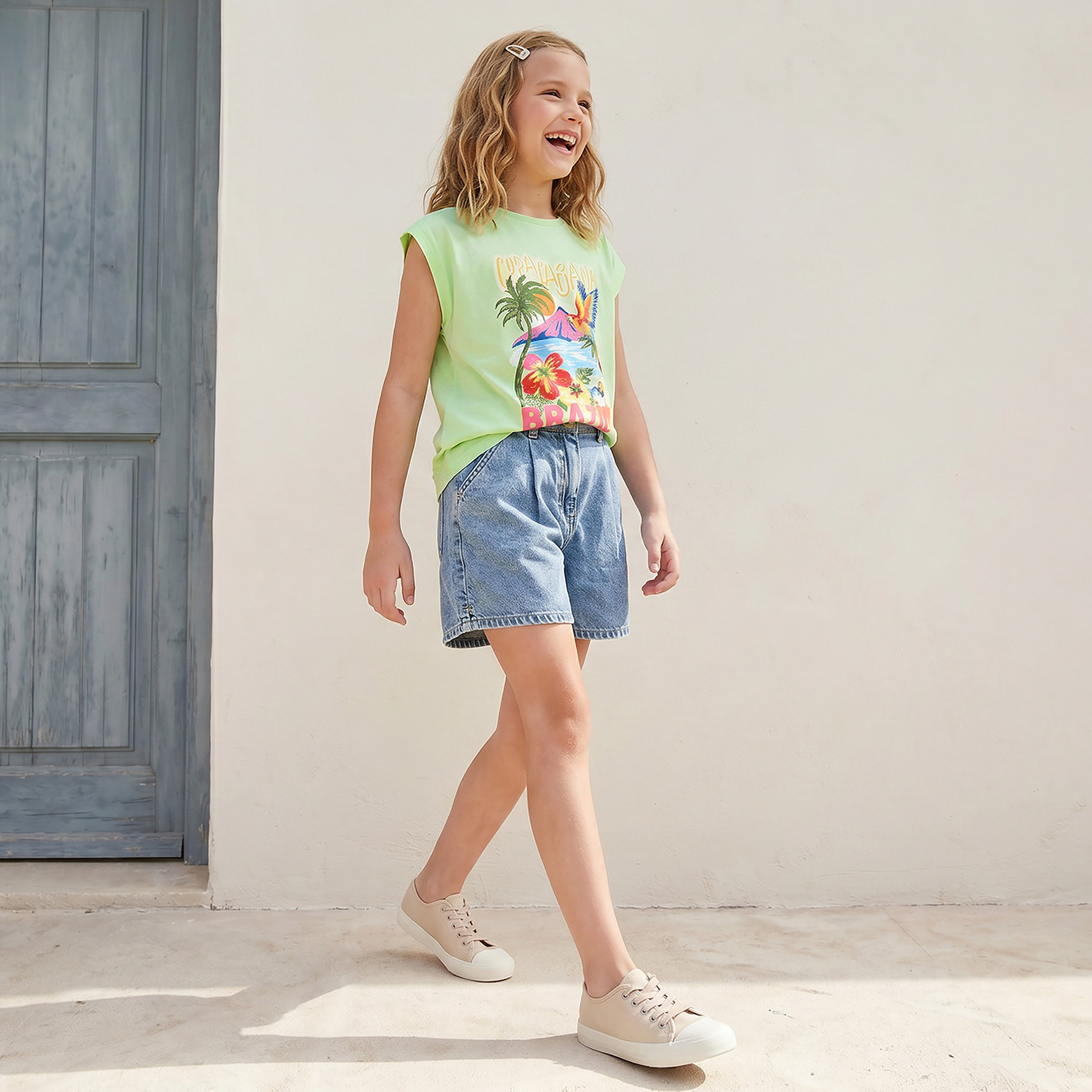 Juniors Crew Neck Sleeveless T-shirt with Tropical Print-girls-clothing-tshirts-image-5