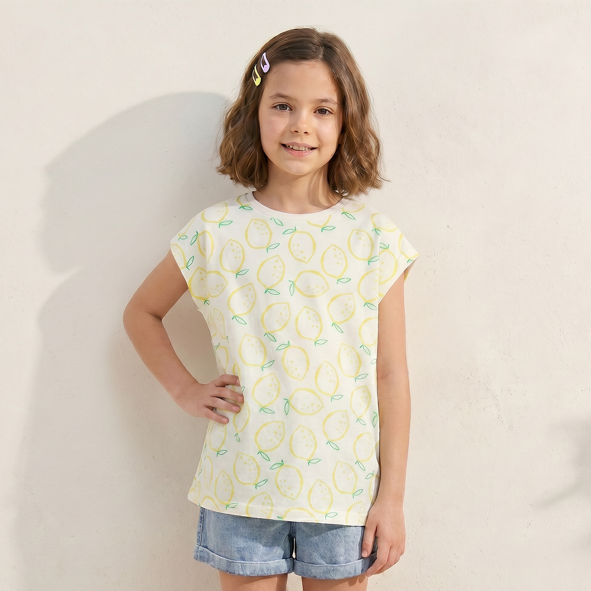 Juniors Crew Neck Short Sleeves T-shirt with Lemon Print-girls-clothing-tshirts-image-1