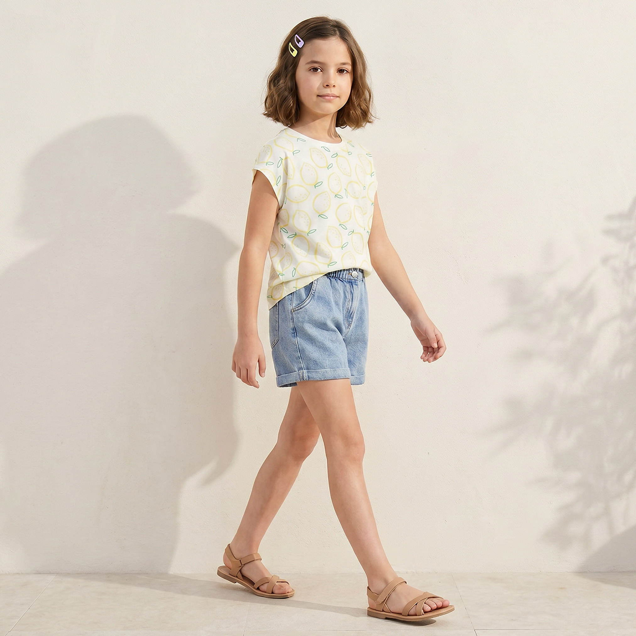 Juniors Crew Neck Short Sleeves T-shirt with Lemon Print-girls-clothing-tshirts-image-5