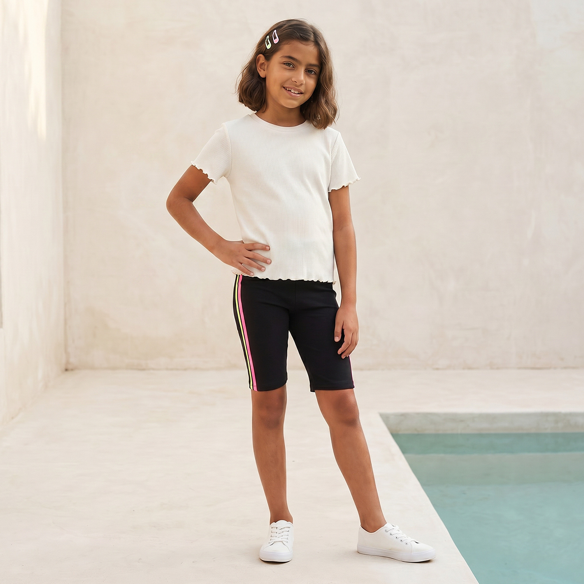 Juniors Above Knee Elasticated Waist Shorts with Stripes-girls-clothing-bottoms-shorts-image-2