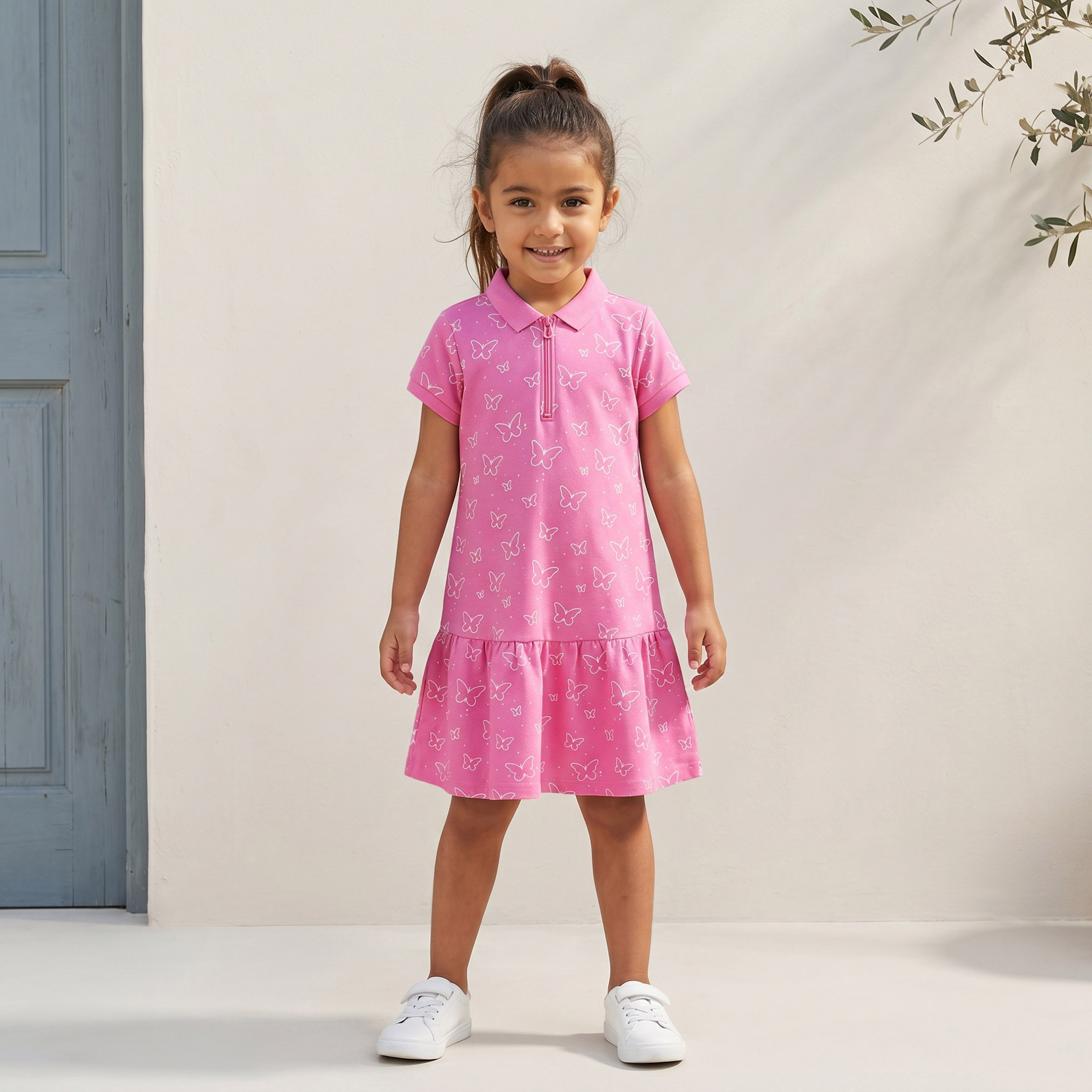 Juniors Polo Collar Short Sleeves Drop Waist Dress with Butterfly Print-girls-clothing-dressesandjumpsuits-image-1