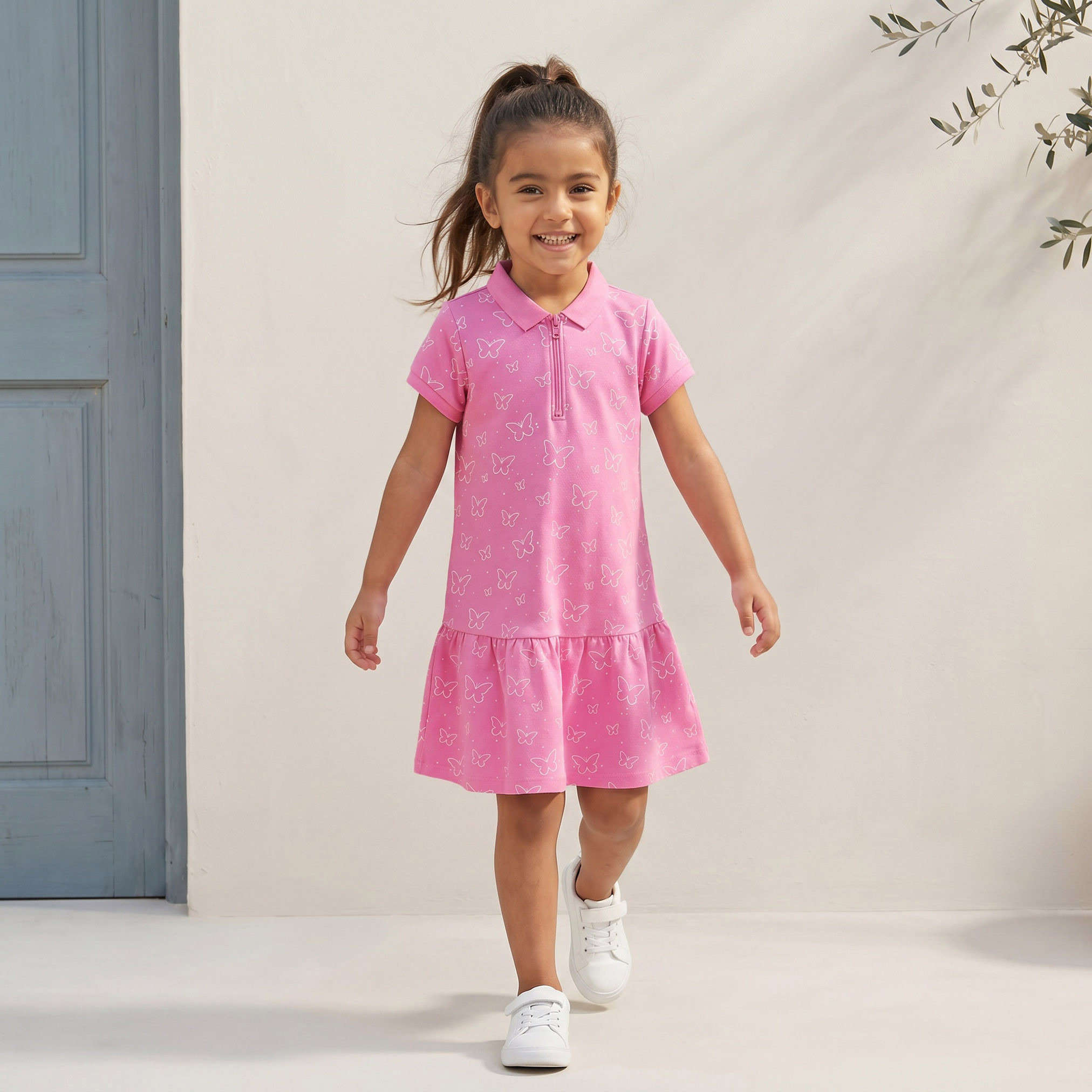 Juniors Polo Collar Short Sleeves Drop Waist Dress with Butterfly Print-girls-clothing-dressesandjumpsuits-image-2