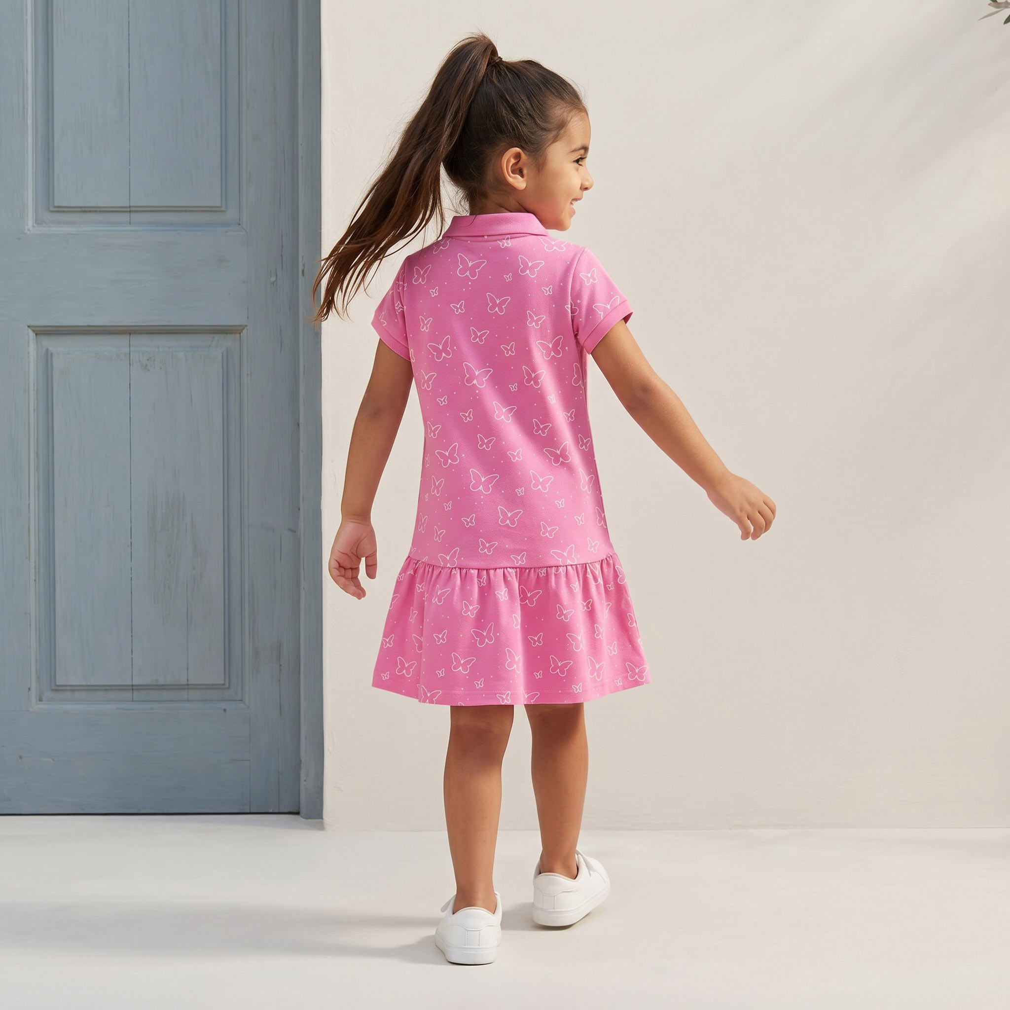 Juniors Polo Collar Short Sleeves Drop Waist Dress with Butterfly Print-girls-clothing-dressesandjumpsuits-image-3