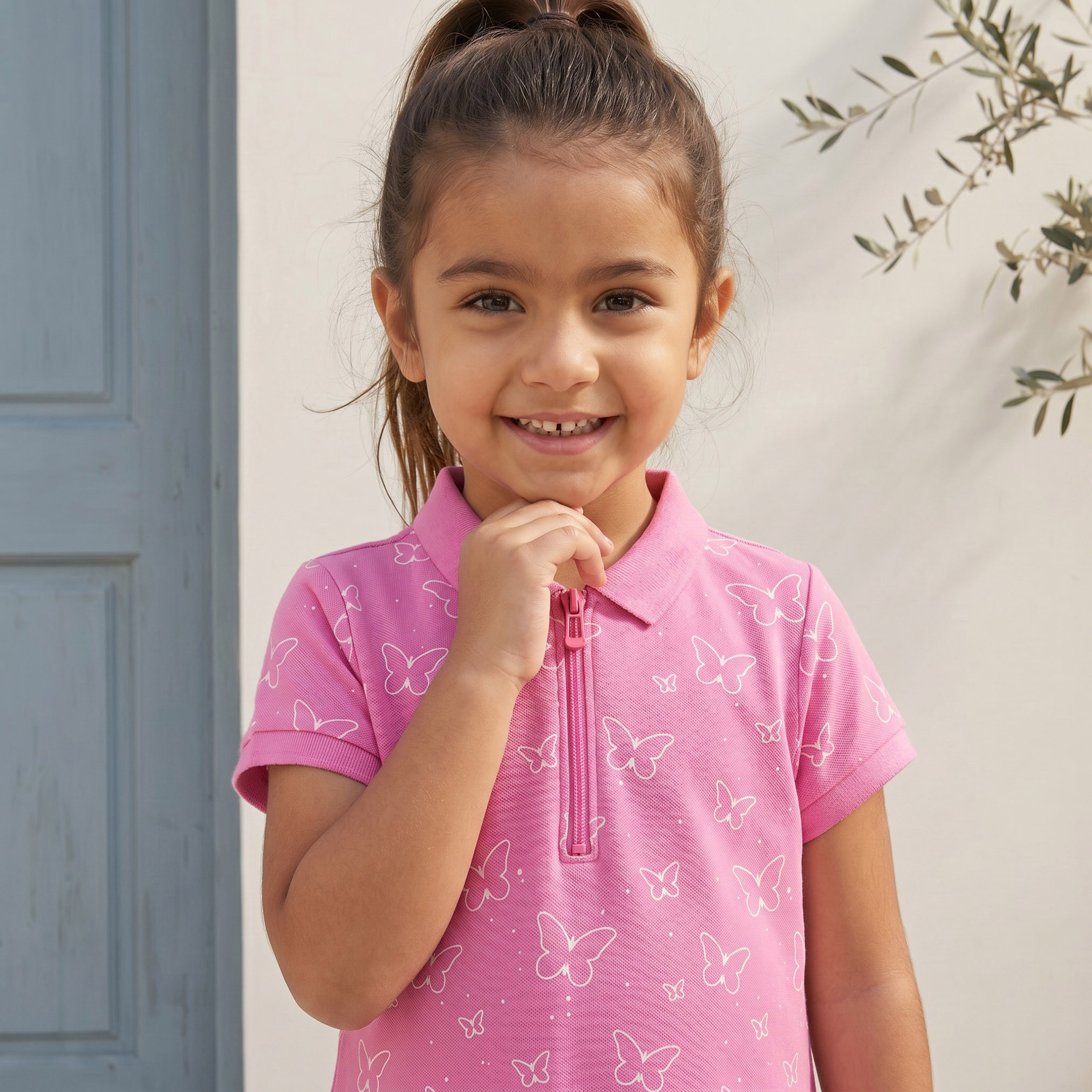 Juniors Polo Collar Short Sleeves Drop Waist Dress with Butterfly Print-girls-clothing-dressesandjumpsuits-image-5