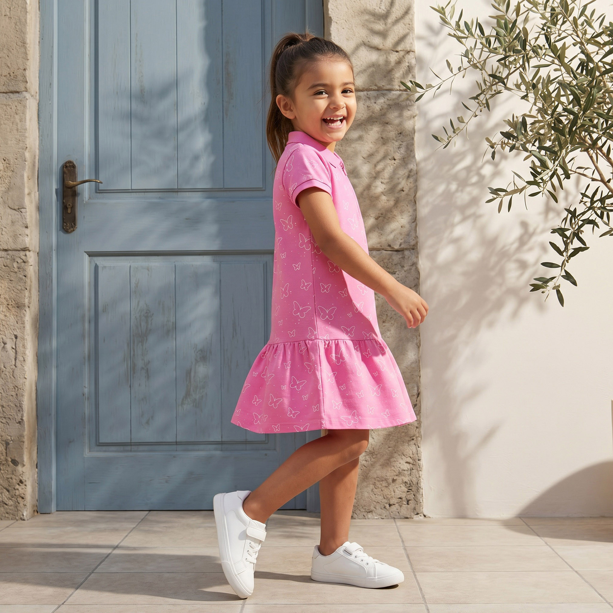 Juniors Polo Collar Short Sleeves Drop Waist Dress with Butterfly Print-girls-clothing-dressesandjumpsuits-image-6