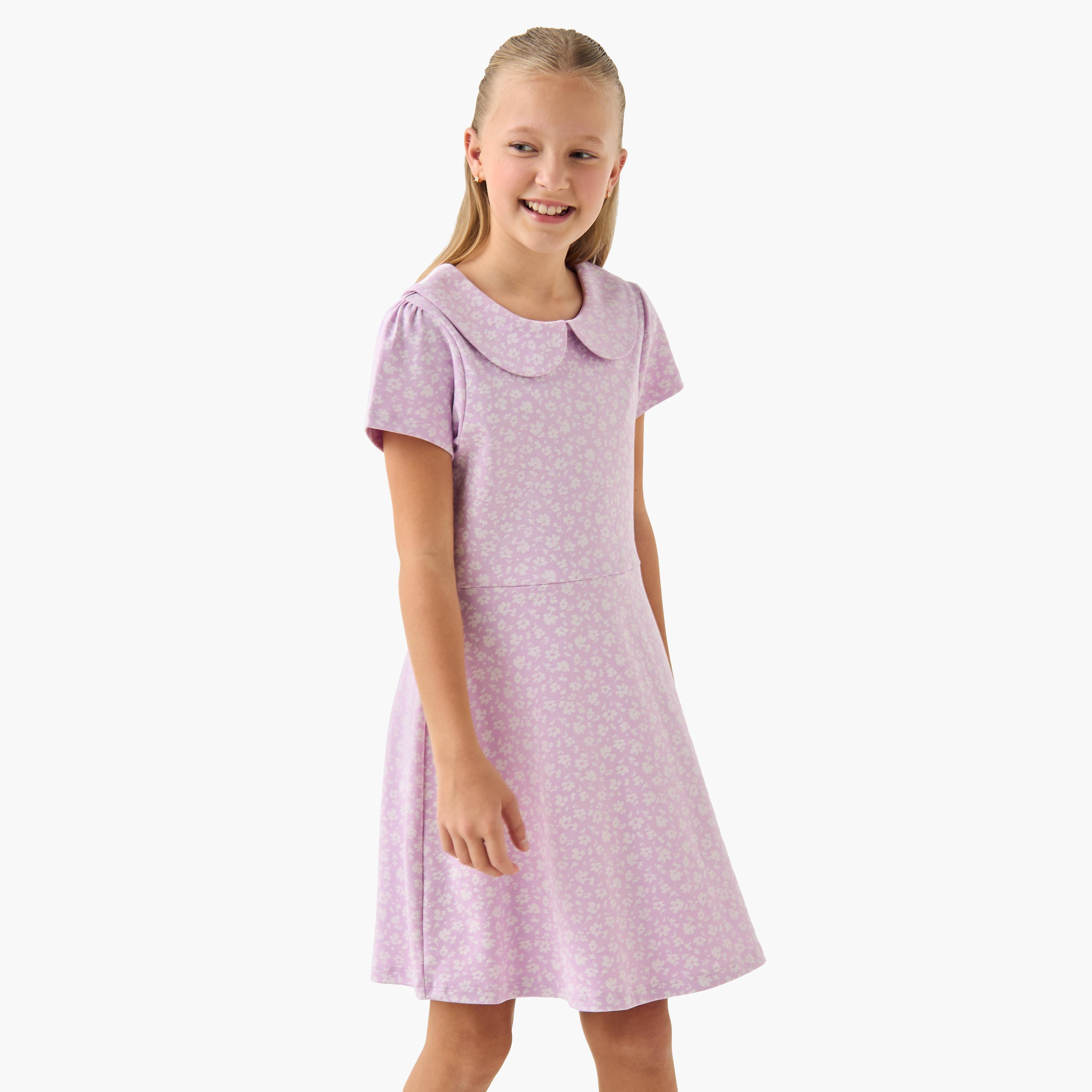 Juniors Peter Pan Collar Short Sleeve Dress with Floral Print-girls-clothing-dressesandjumpsuits-image-1