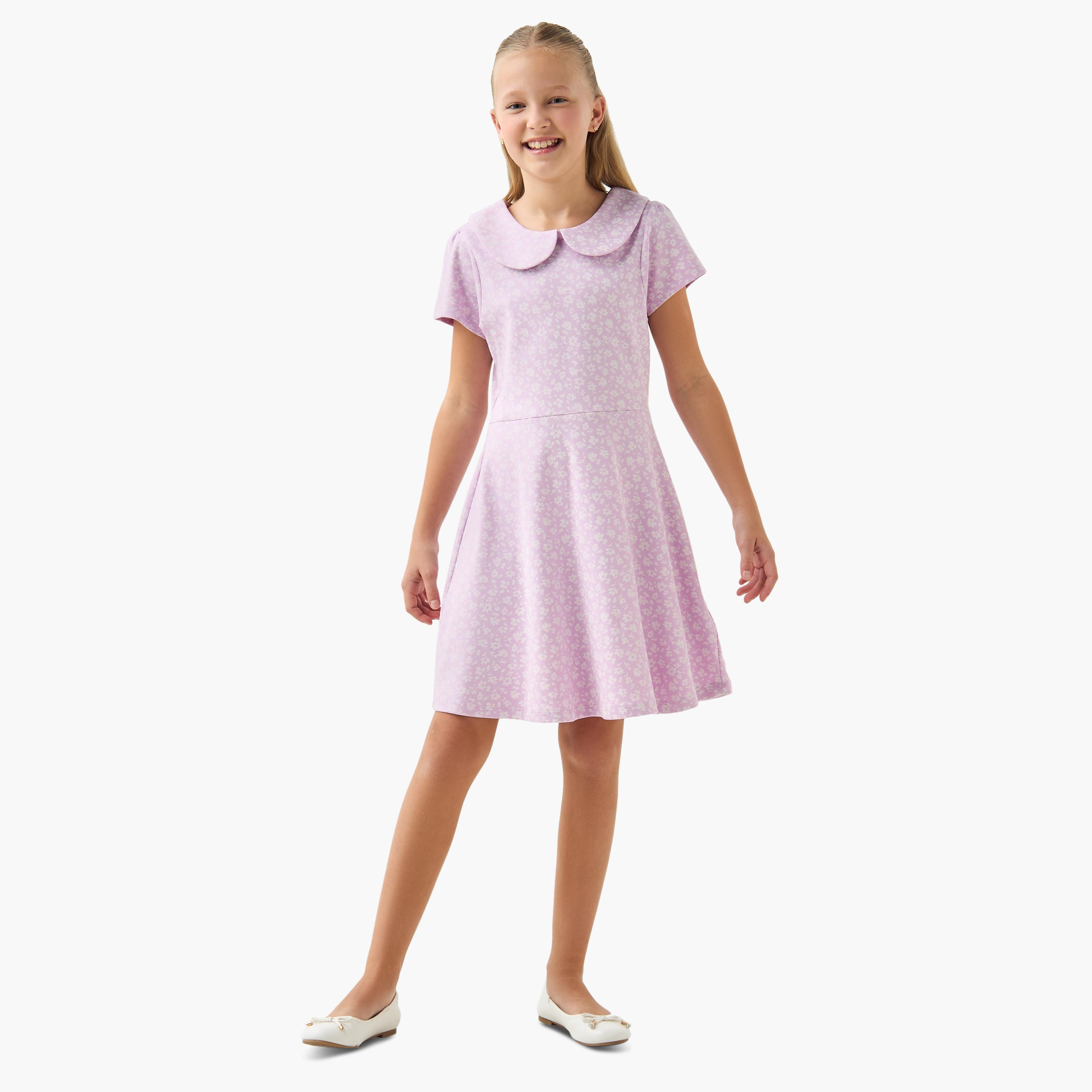 Juniors Peter Pan Collar Short Sleeve Dress with Floral Print-girls-clothing-dressesandjumpsuits-image-2
