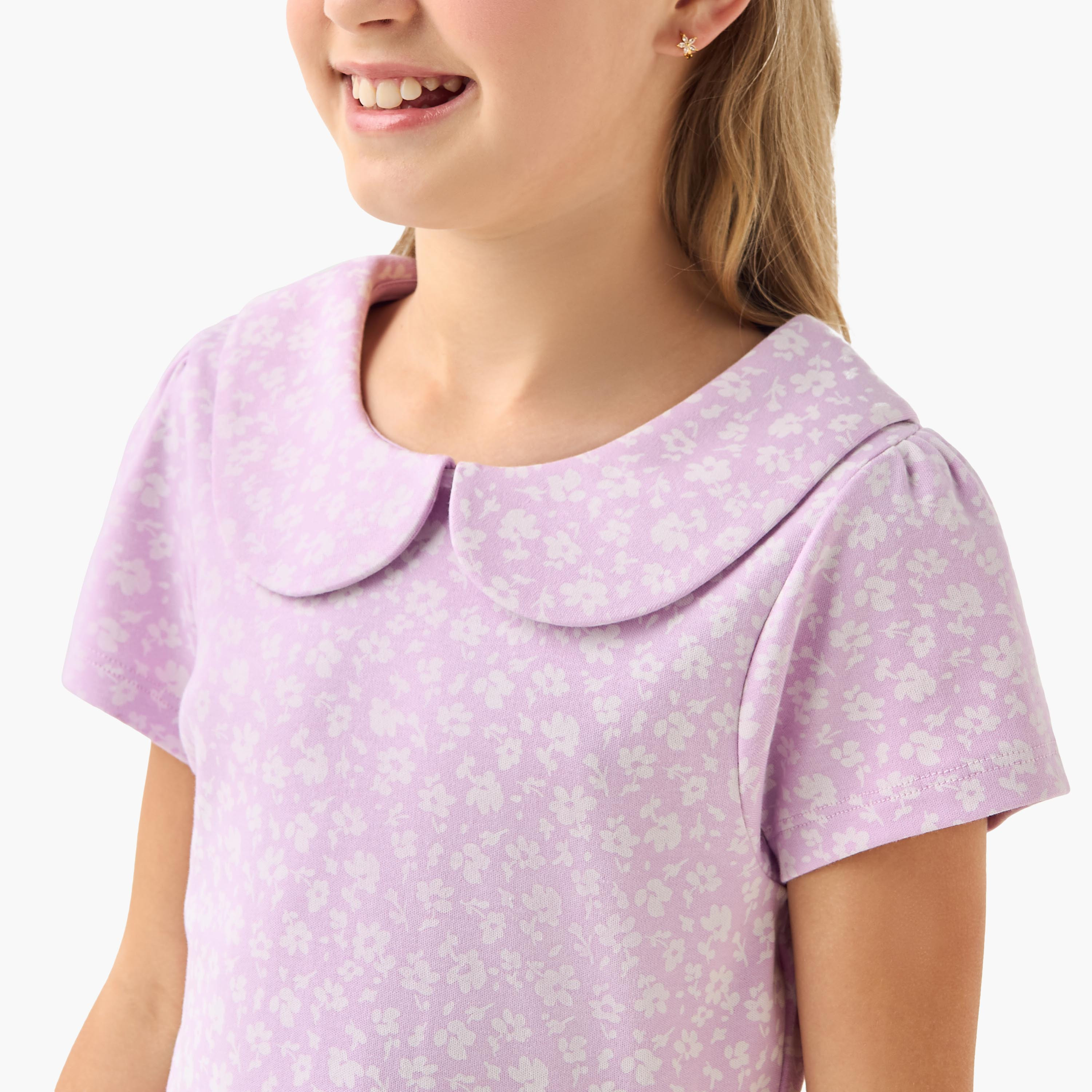 Juniors Peter Pan Collar Short Sleeve Dress with Floral Print-girls-clothing-dressesandjumpsuits-image-4