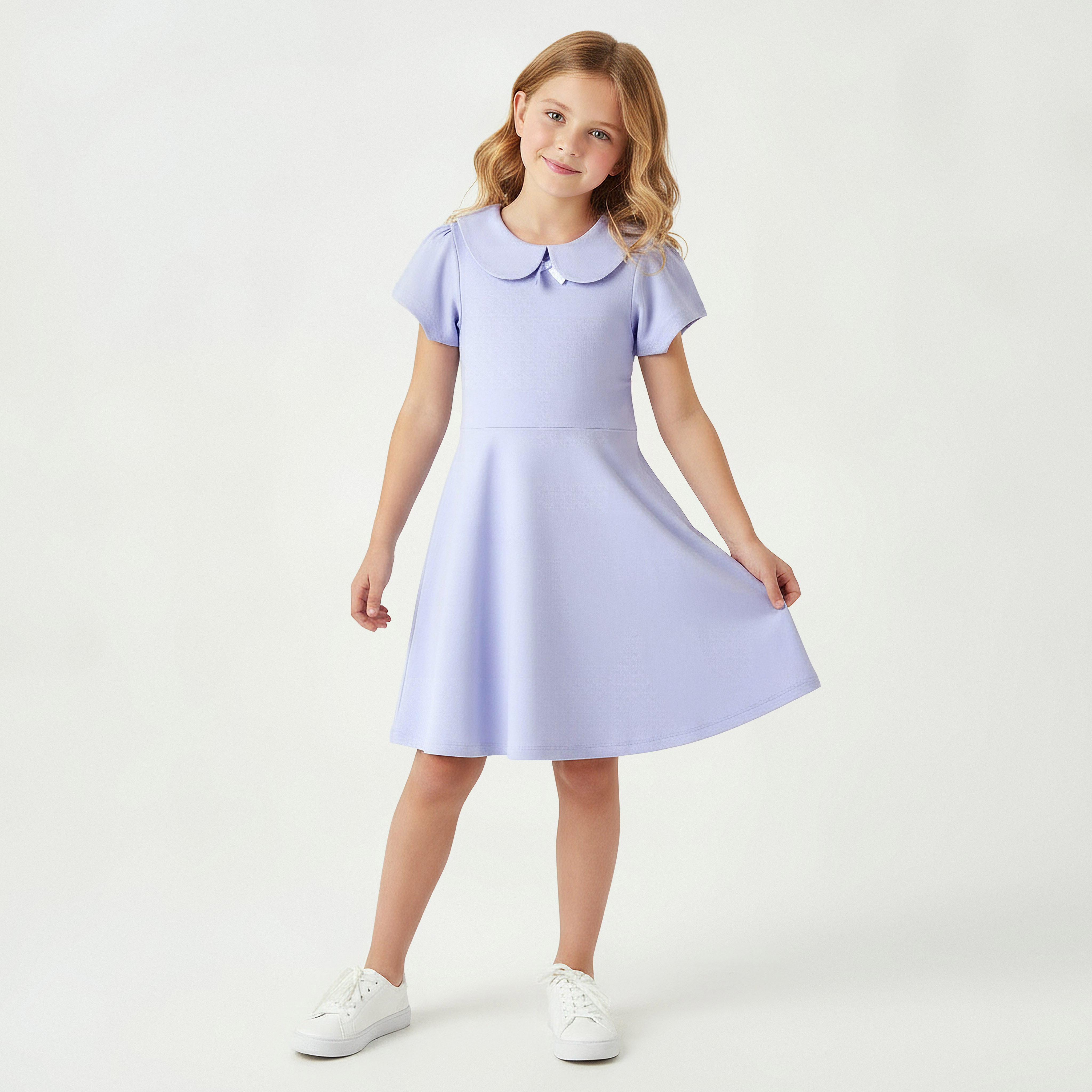 Juniors Peter Pan Collar Short Sleeve Dress with Bow Accent-girls-clothing-dressesandjumpsuits-image-1