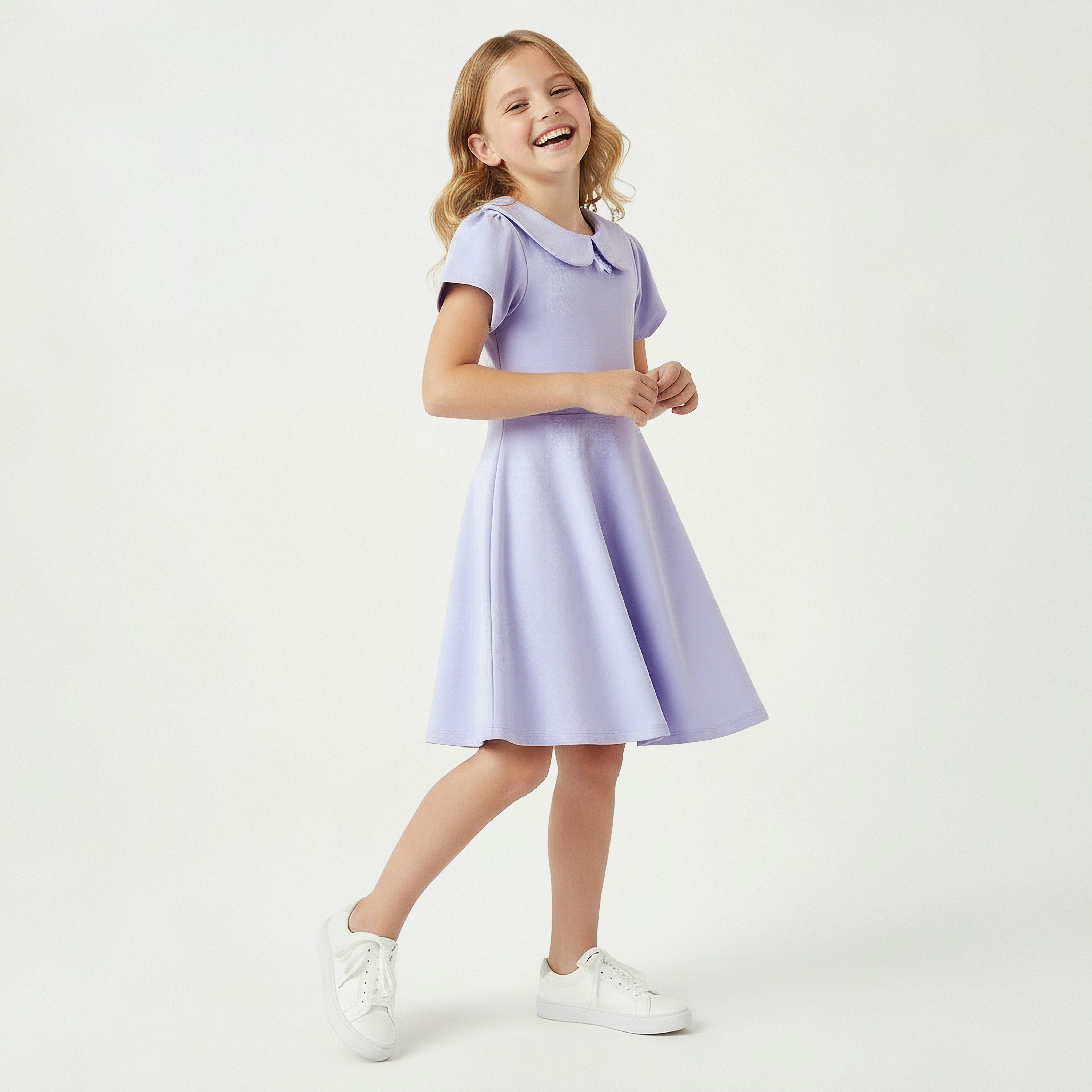 Juniors Peter Pan Collar Short Sleeve Dress with Bow Accent-girls-clothing-dressesandjumpsuits-image-2