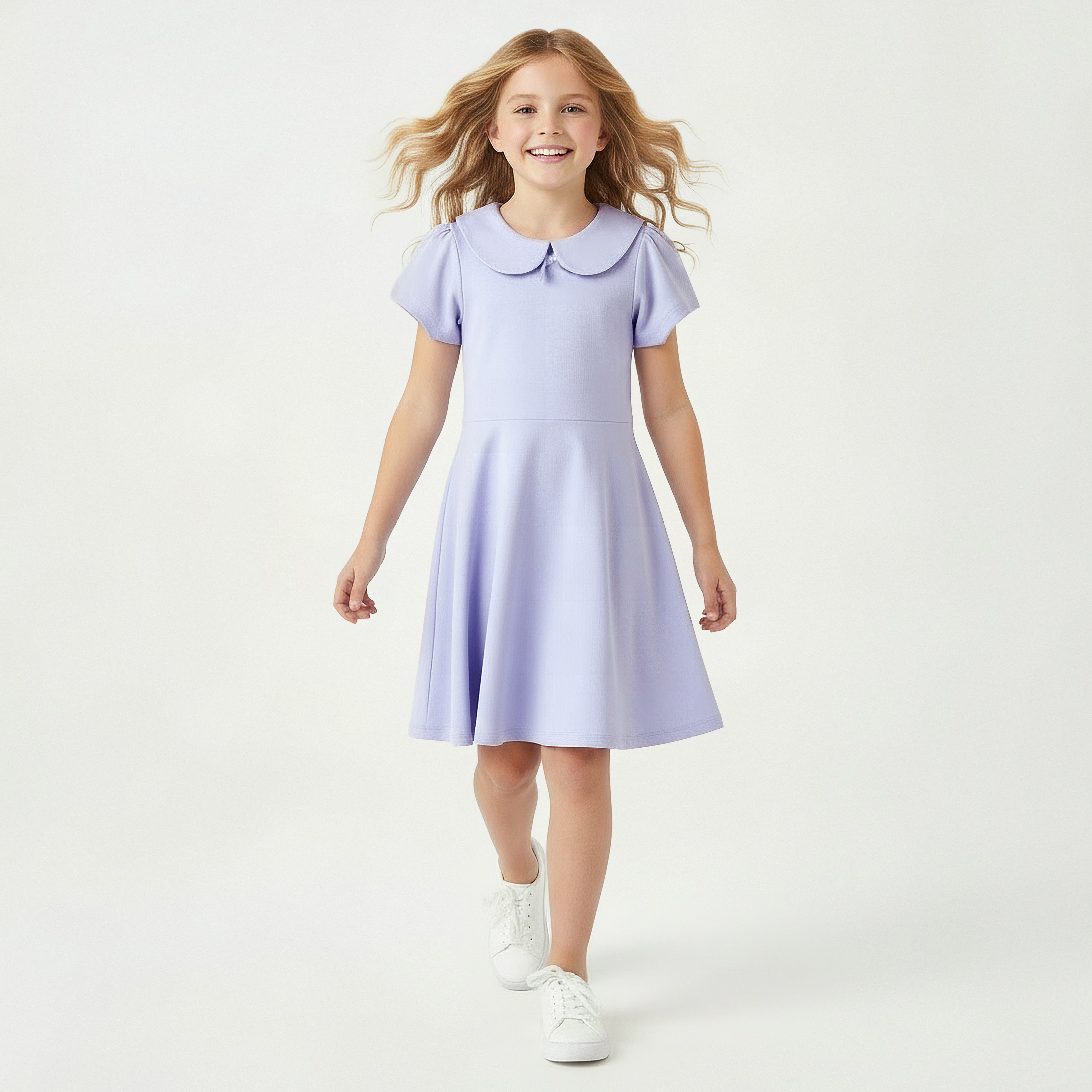 Juniors Peter Pan Collar Short Sleeve Dress with Bow Accent-girls-clothing-dressesandjumpsuits-image-5
