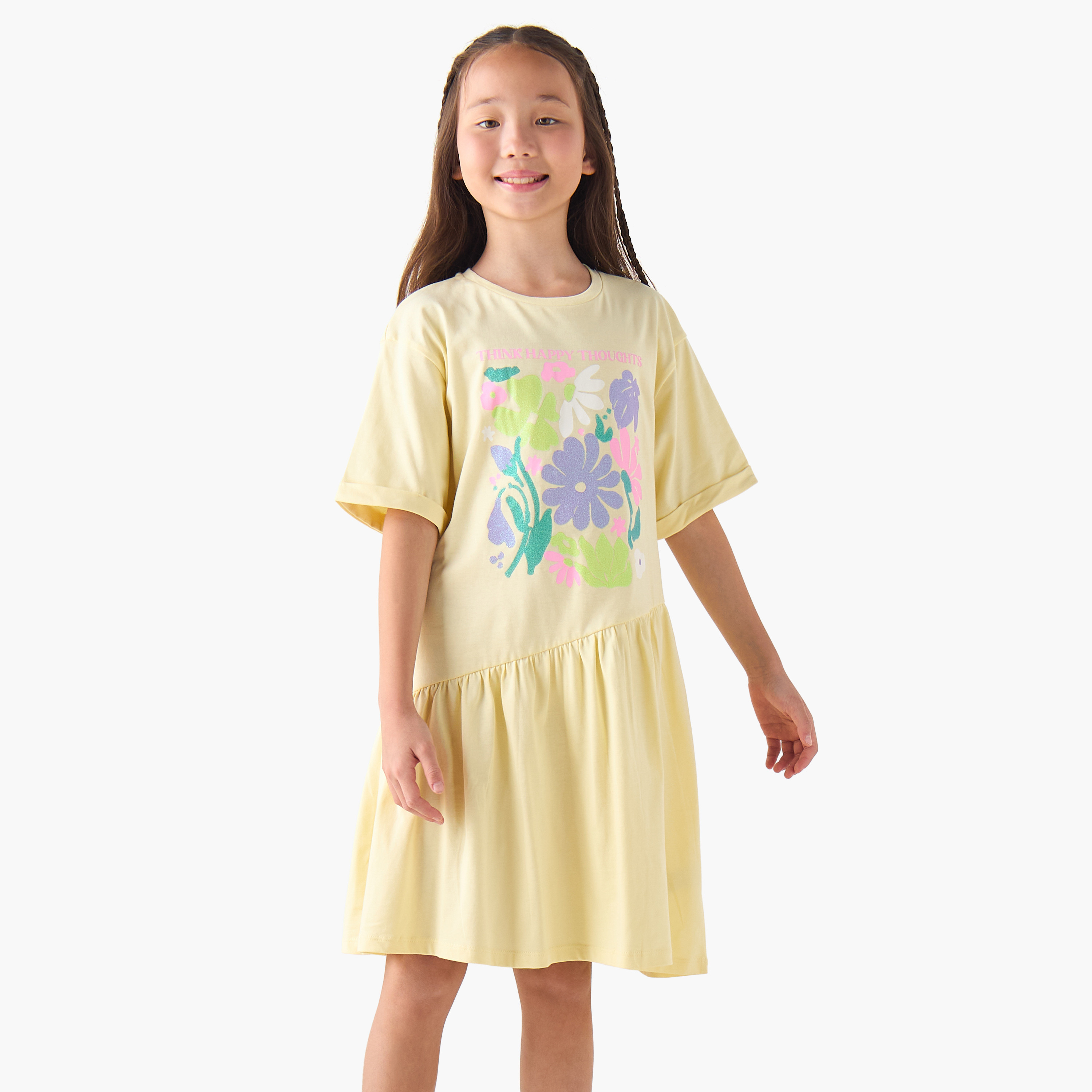 فستان تيشيرت بياقة مستديرة وأكمام قصيرة وطبعات زهرية من جونيورز-girls-clothing-dressesandjumpsuits-image-5