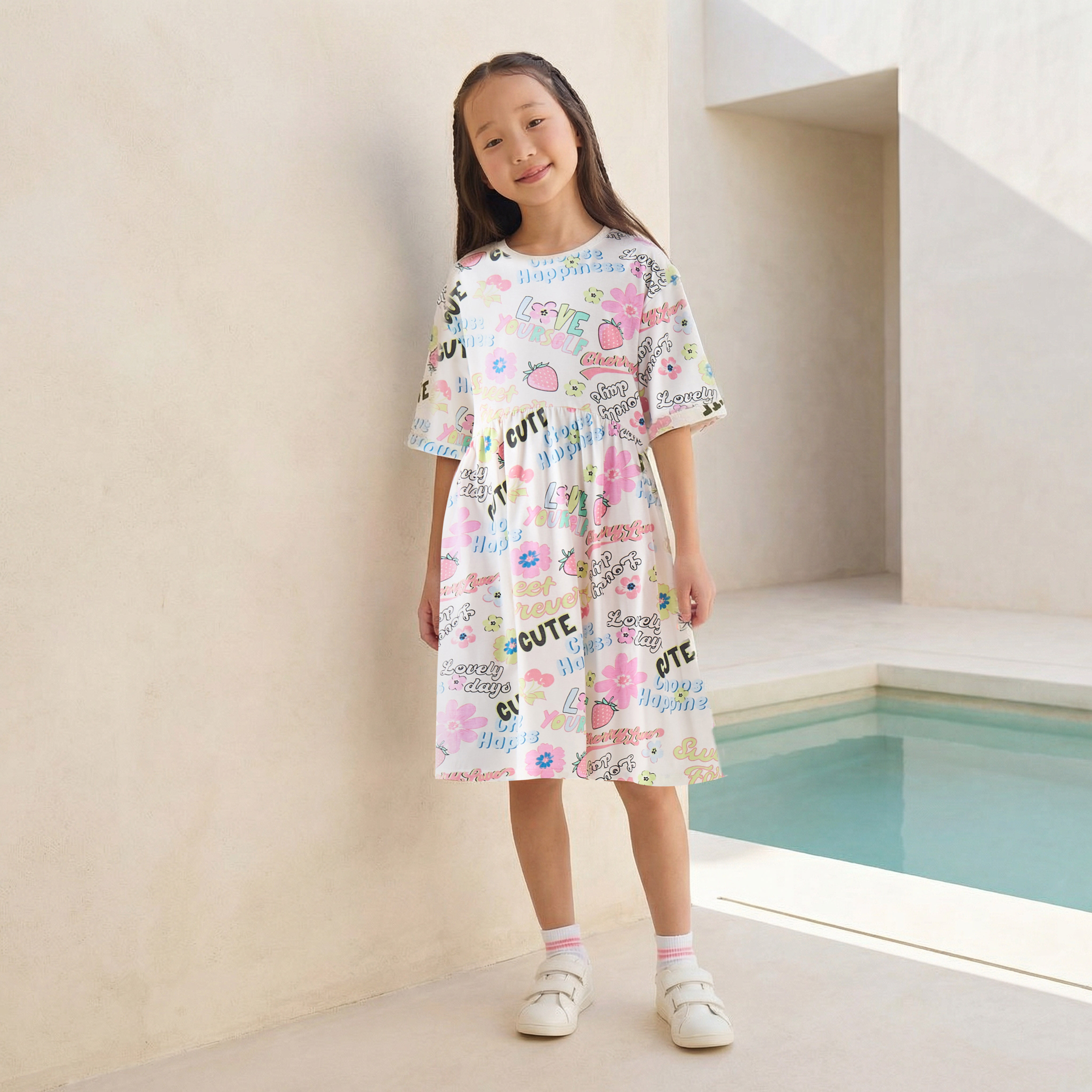 Juniors Round Neck Short Sleeves A-line Dress with Graphic Print-girls-clothing-dressesandjumpsuits-image-1