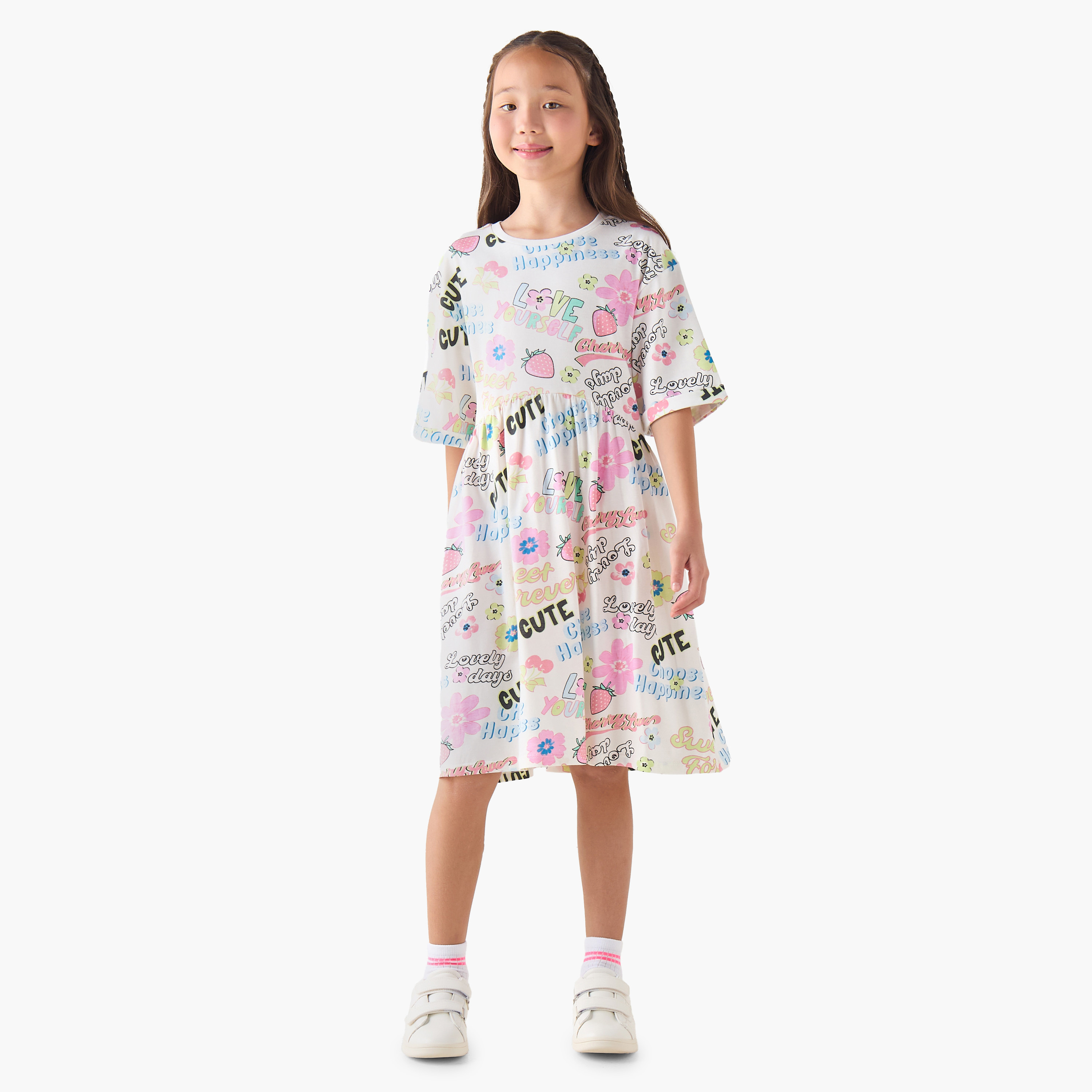 Juniors Round Neck Short Sleeves A-line Dress with Graphic Print-girls-clothing-dressesandjumpsuits-image-2