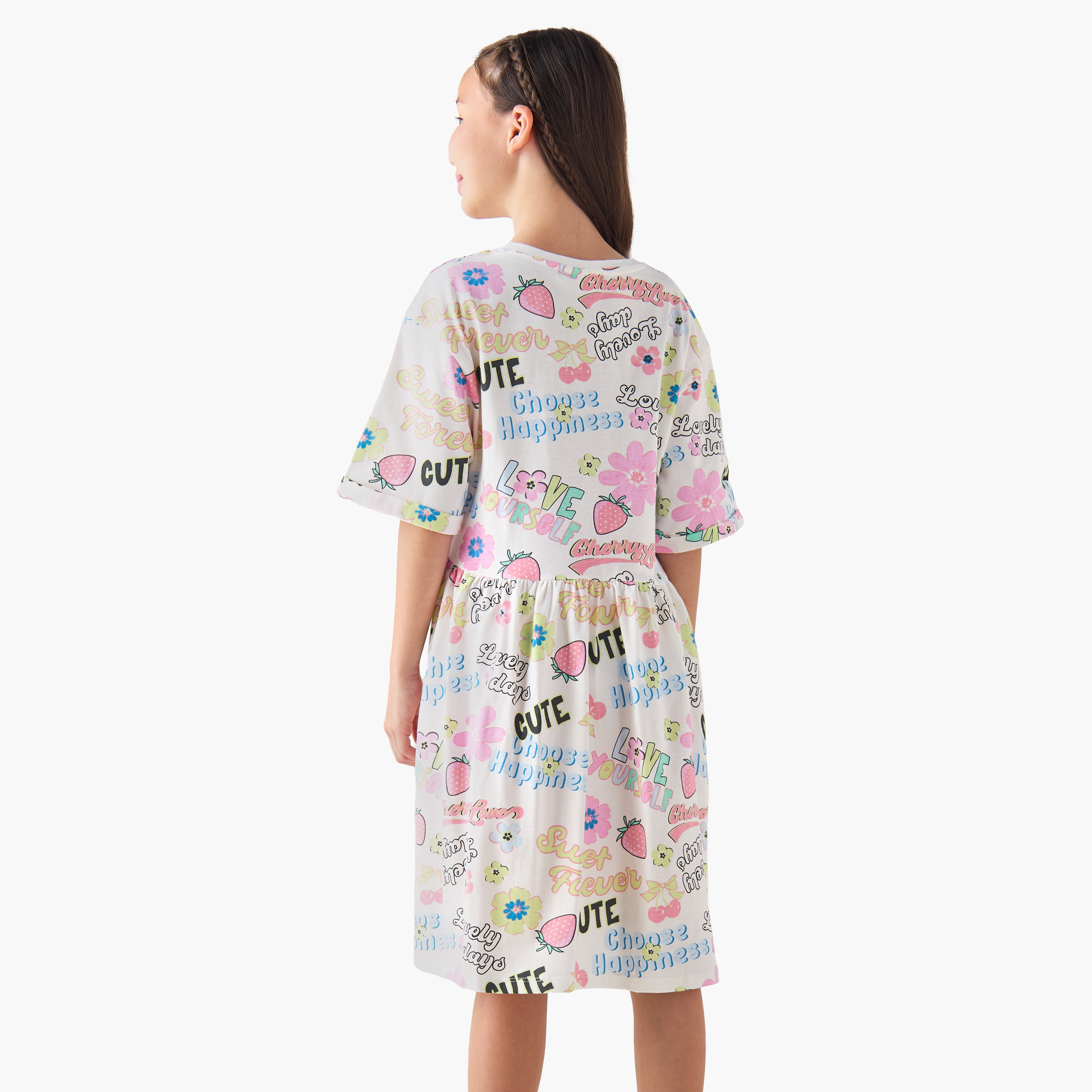Juniors Round Neck Short Sleeves A-line Dress with Graphic Print-girls-clothing-dressesandjumpsuits-image-3