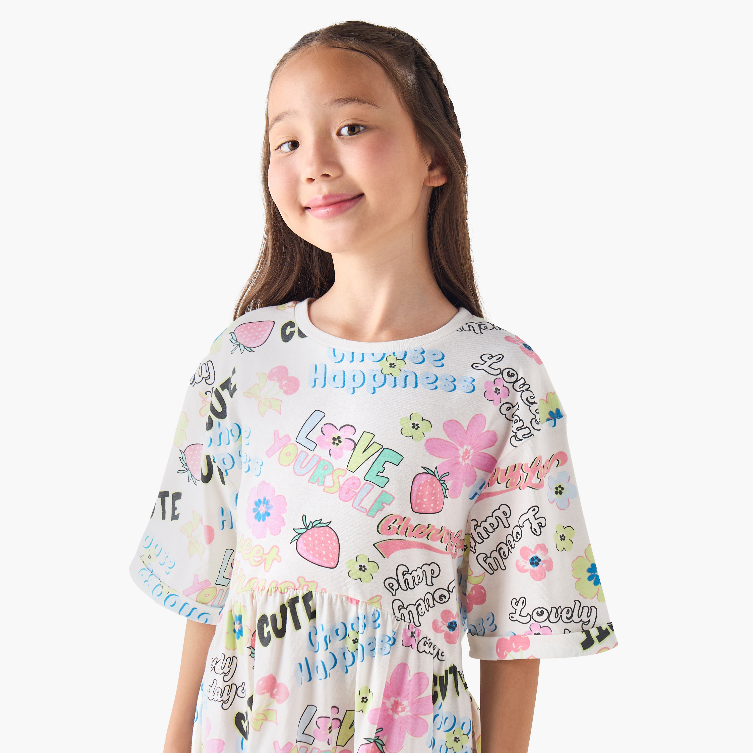 Juniors Round Neck Short Sleeves A-line Dress with Graphic Print-girls-clothing-dressesandjumpsuits-image-4