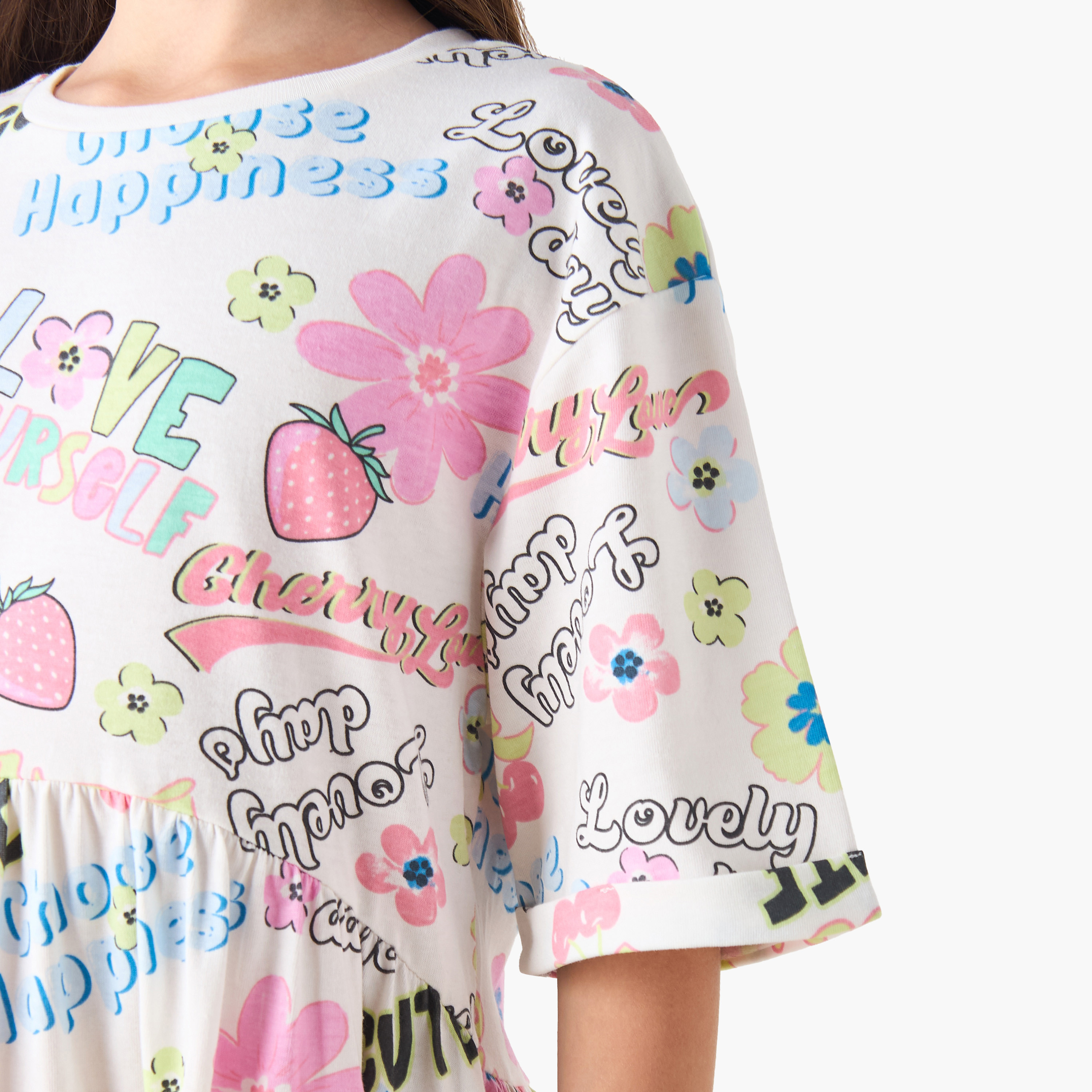 Juniors Round Neck Short Sleeves A-line Dress with Graphic Print-girls-clothing-dressesandjumpsuits-image-5