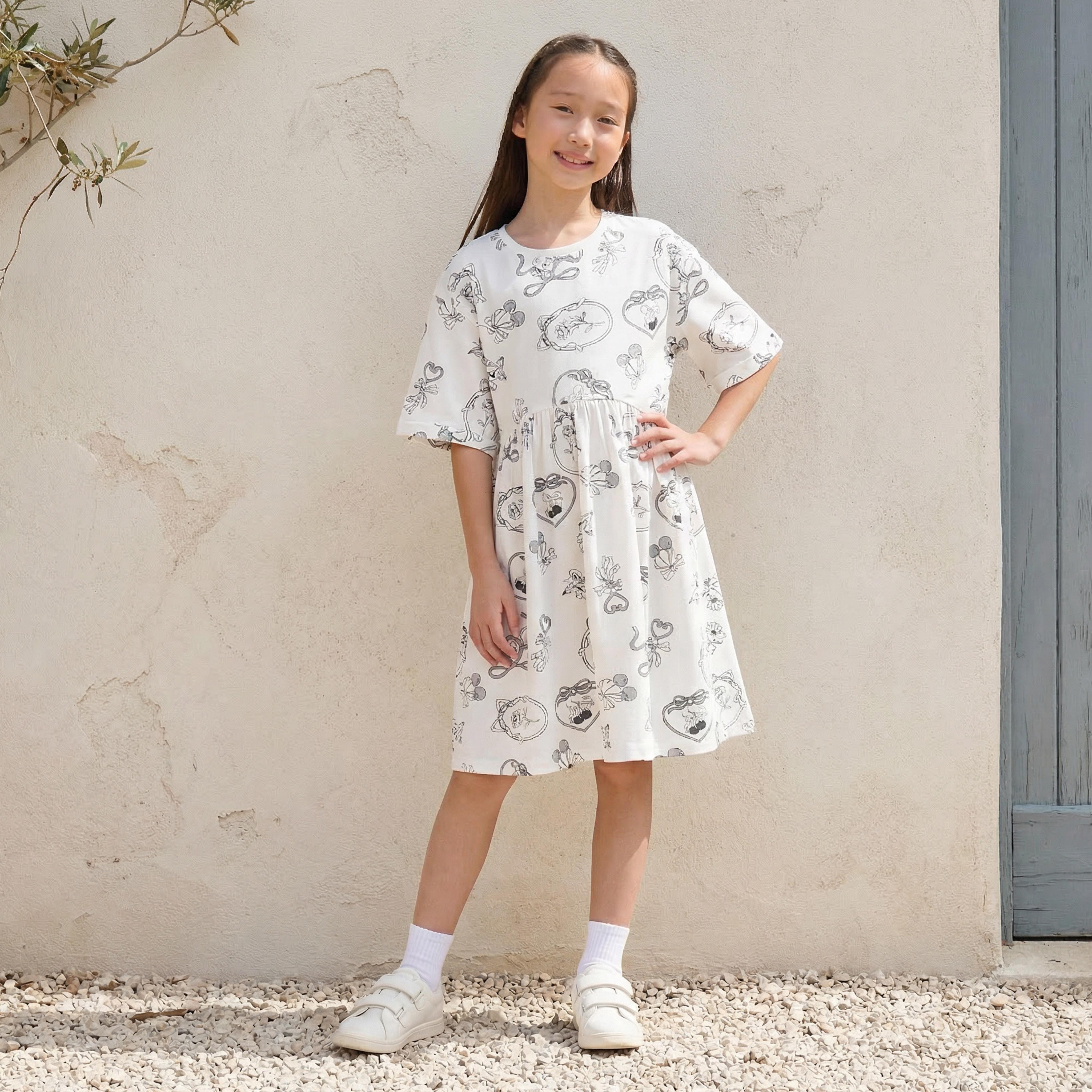 Juniors Round Neck Short Sleeves A-line Dress with Floral Print-girls-clothing-dressesandjumpsuits-image-1
