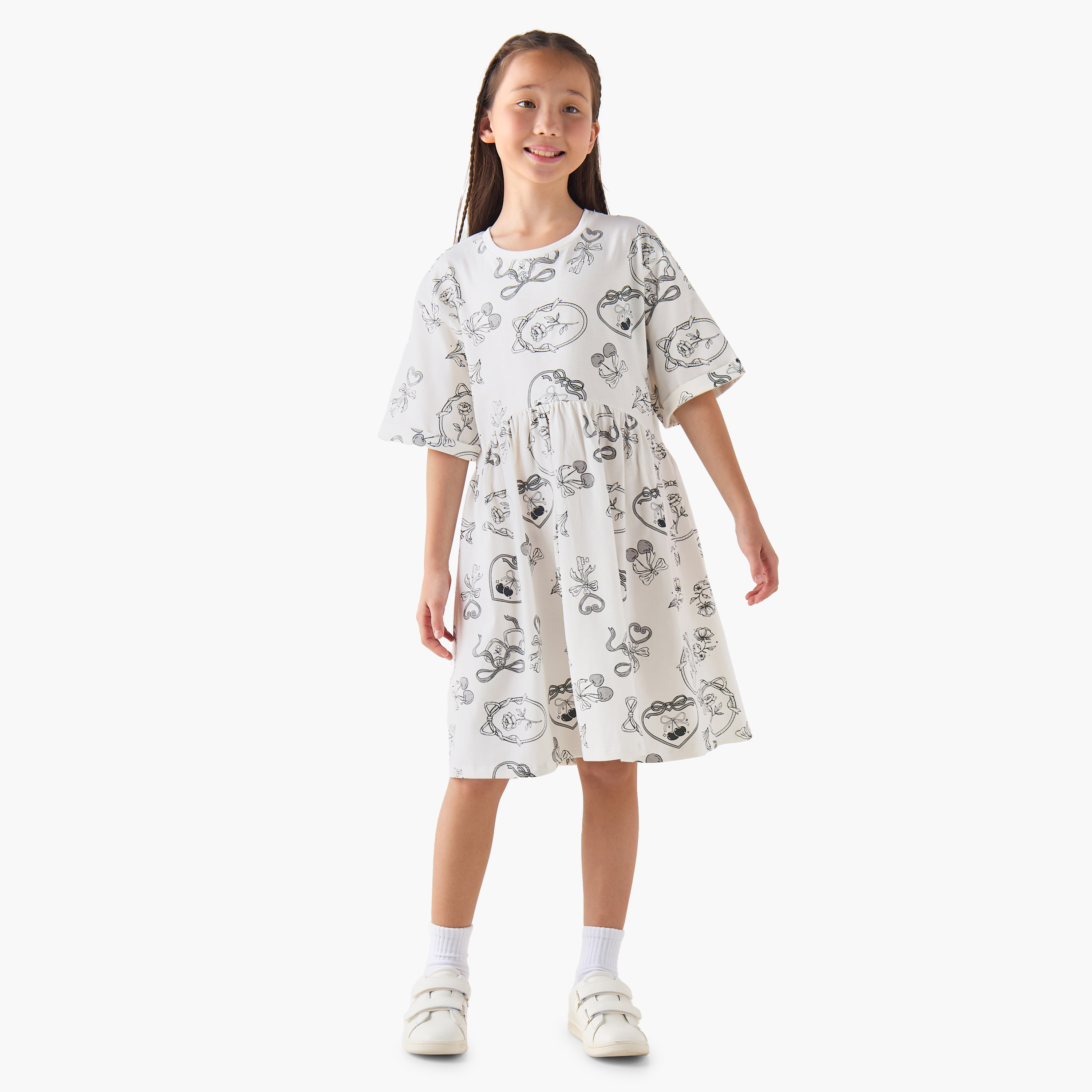 Juniors Round Neck Short Sleeves A-line Dress with Floral Print-girls-clothing-dressesandjumpsuits-image-2