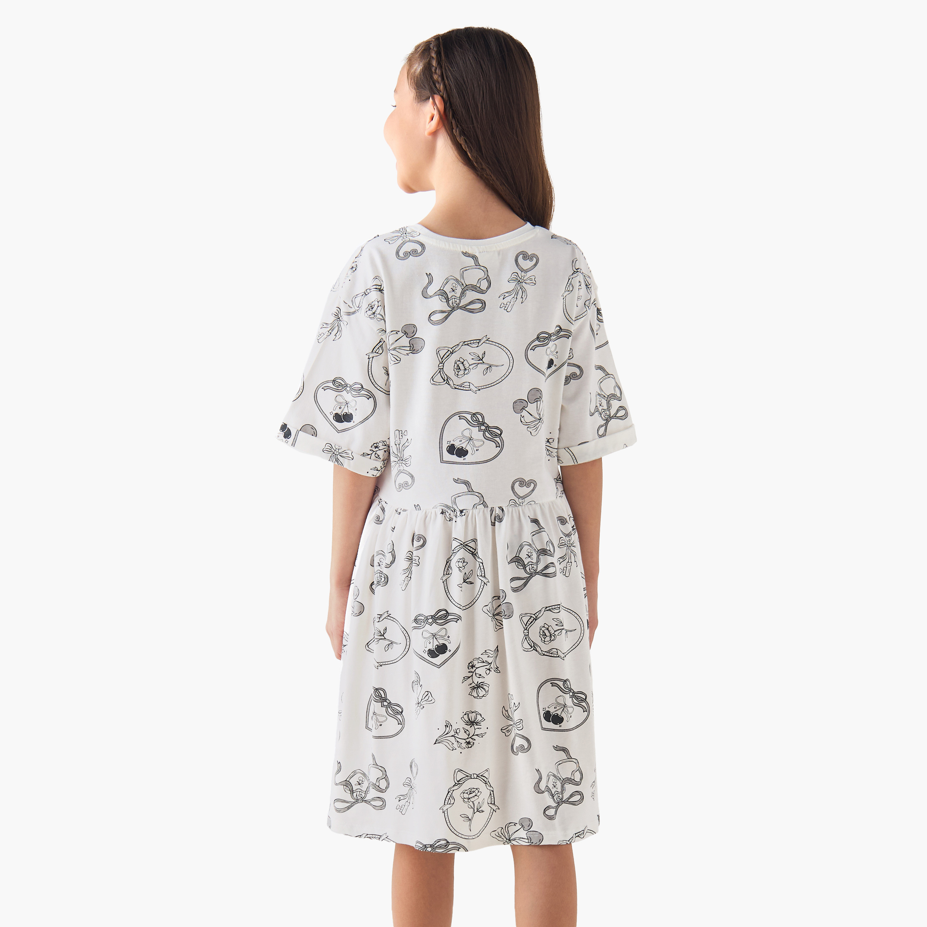 Juniors Round Neck Short Sleeves A-line Dress with Floral Print-girls-clothing-dressesandjumpsuits-image-3