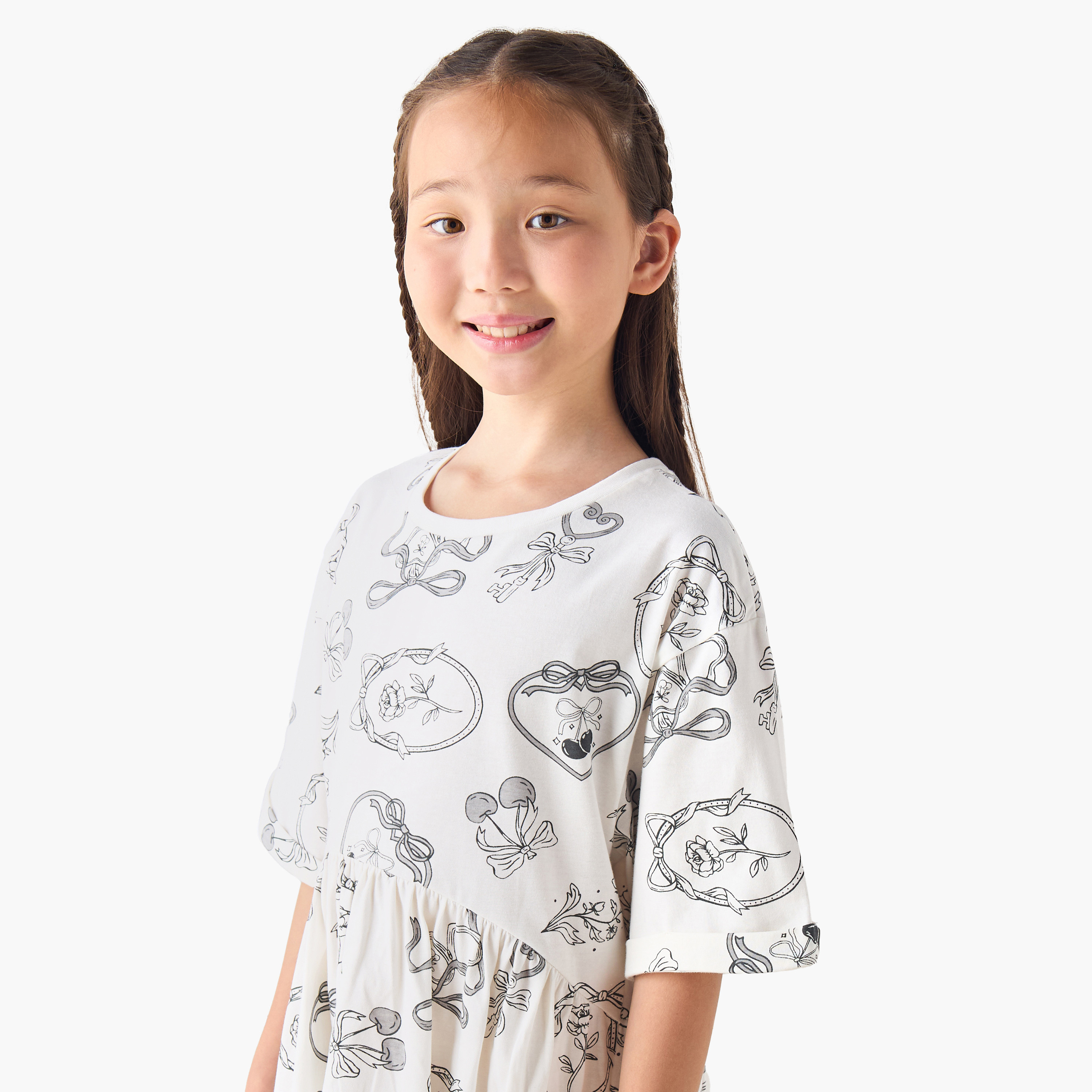Juniors Round Neck Short Sleeves A-line Dress with Floral Print-girls-clothing-dressesandjumpsuits-image-4