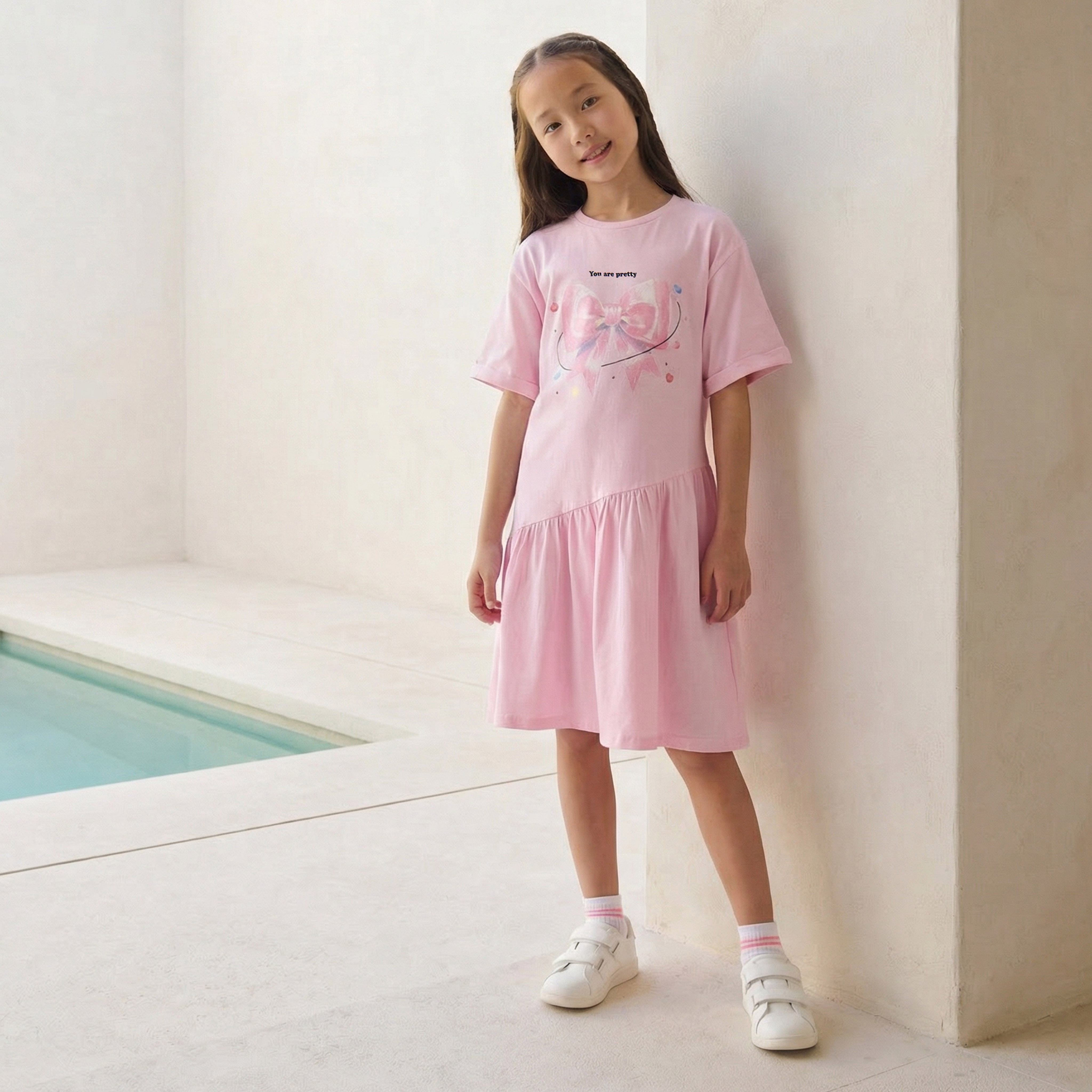 Juniors Round Neck Short Sleeves Dropwaist Dress with Bow Glitter Print-girls-clothing-dressesandjumpsuits-image-1