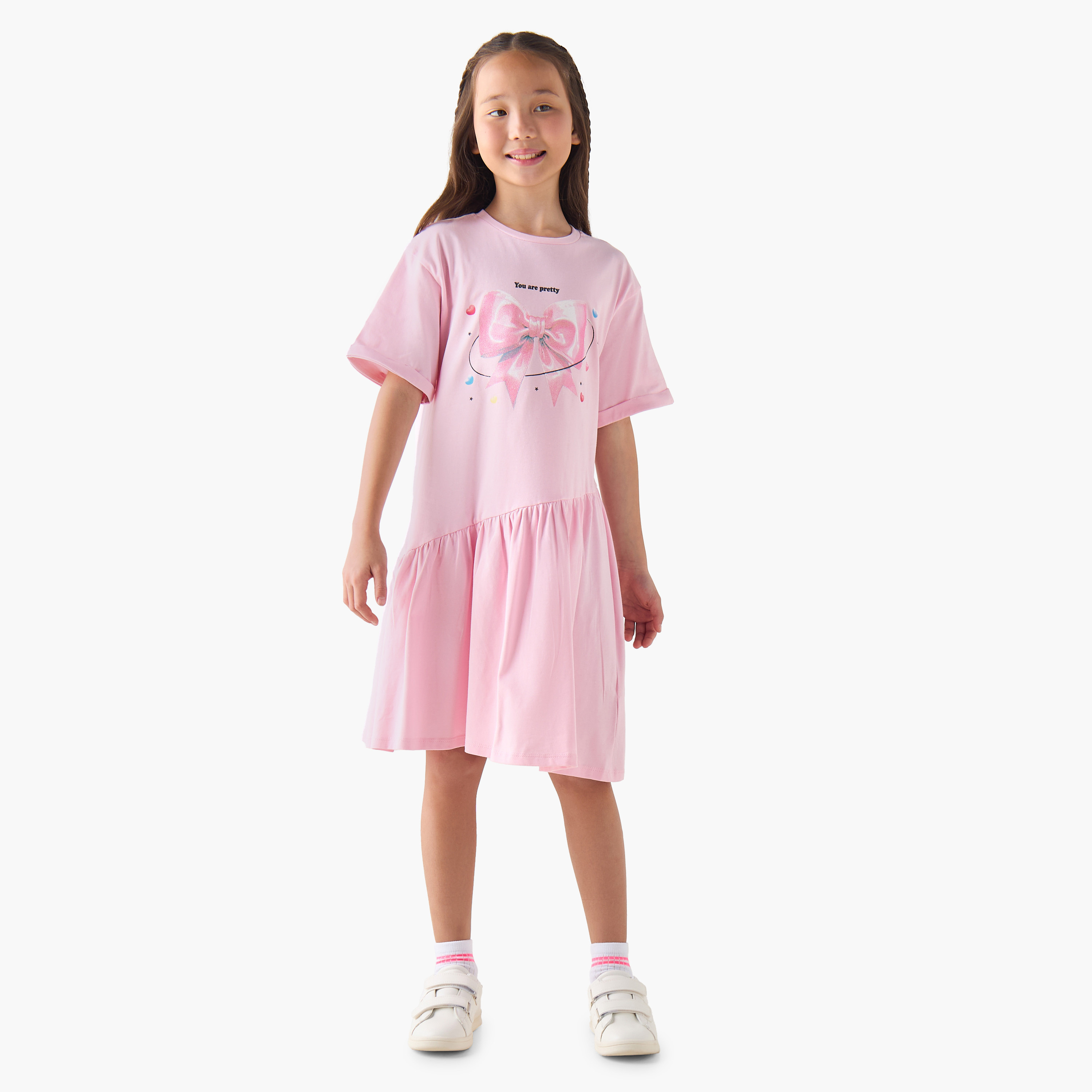 Juniors Round Neck Short Sleeves Dropwaist Dress with Bow Glitter Print-girls-clothing-dressesandjumpsuits-image-2