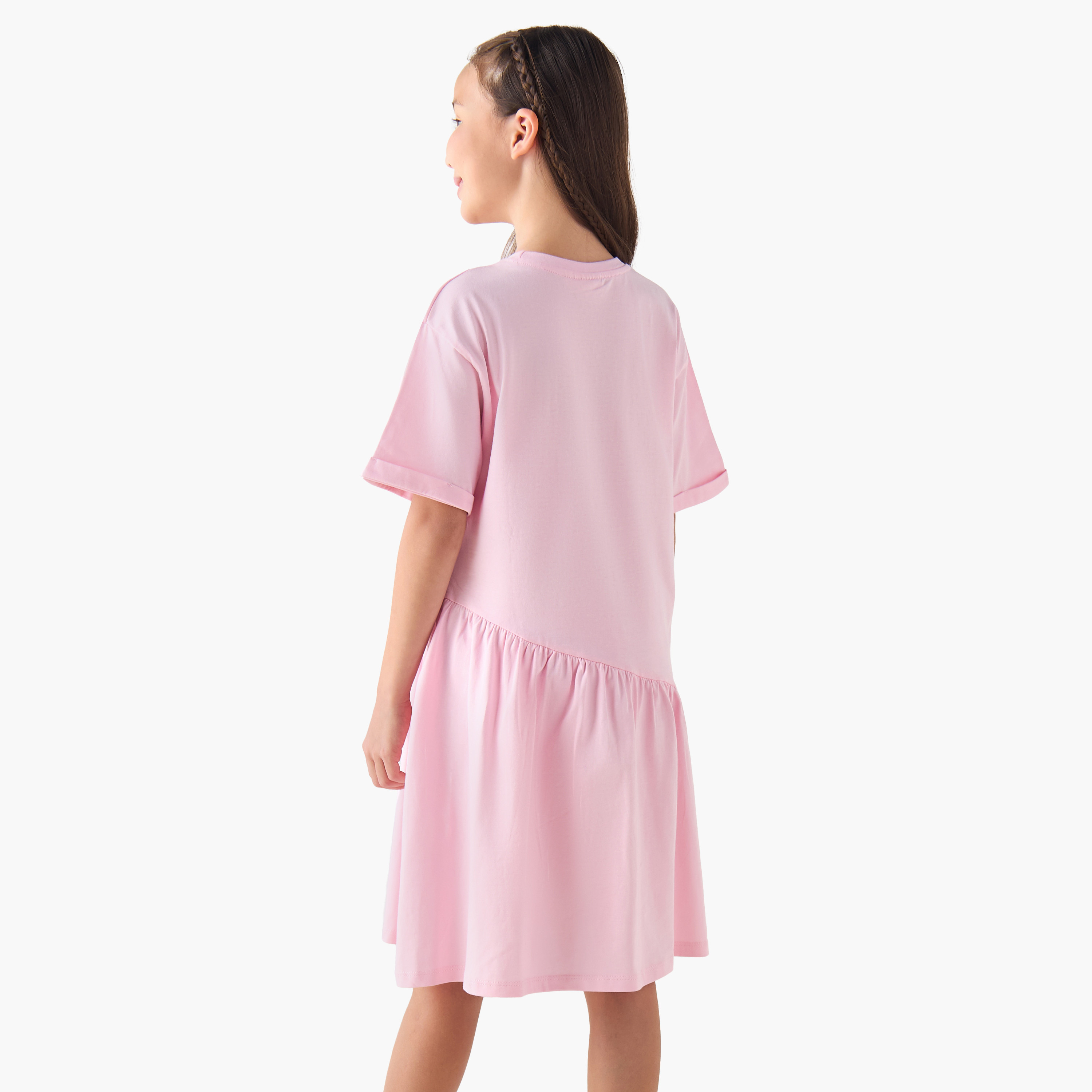 Juniors Round Neck Short Sleeves Dropwaist Dress with Bow Glitter Print-girls-clothing-dressesandjumpsuits-image-3