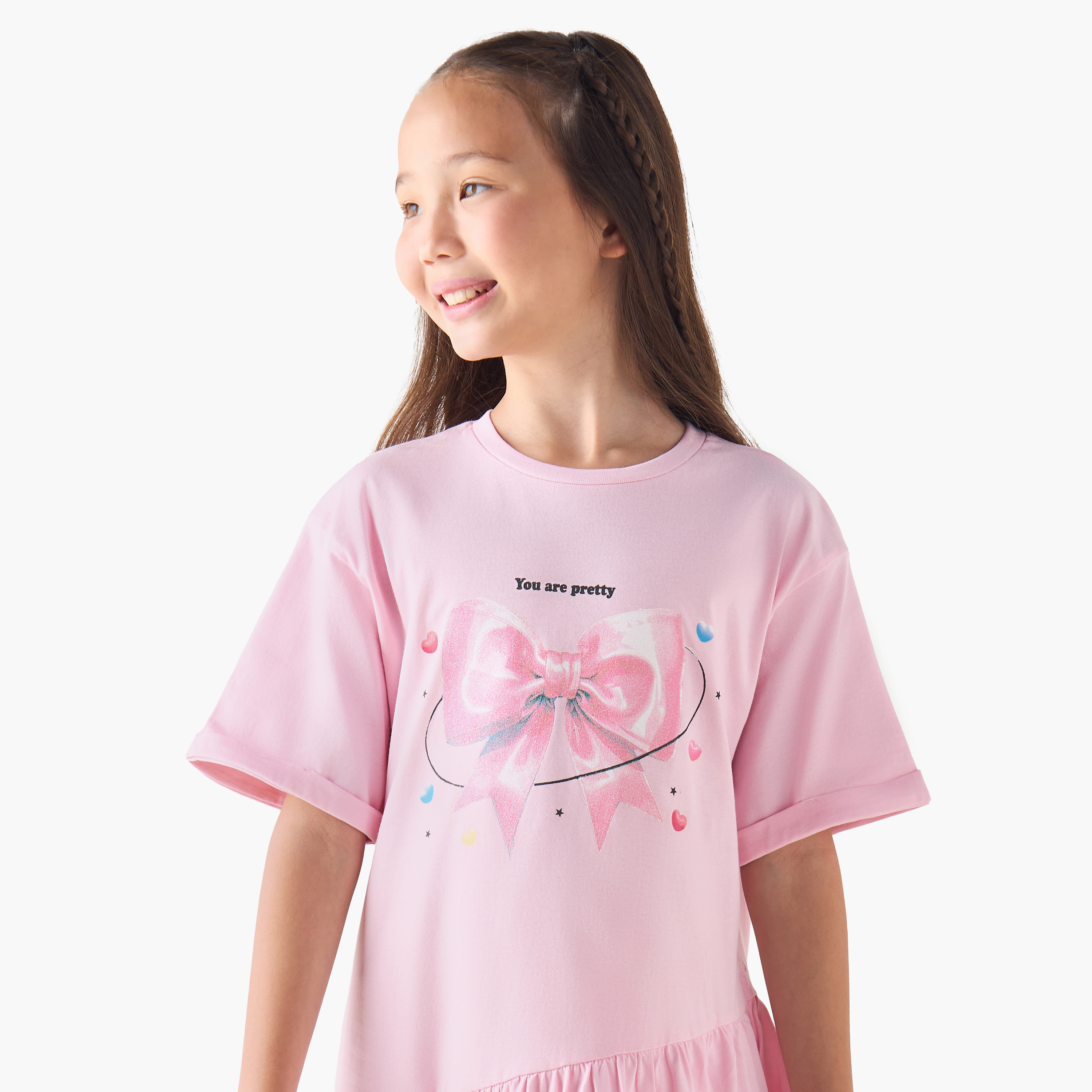 Juniors Round Neck Short Sleeves Dropwaist Dress with Bow Glitter Print-girls-clothing-dressesandjumpsuits-image-4