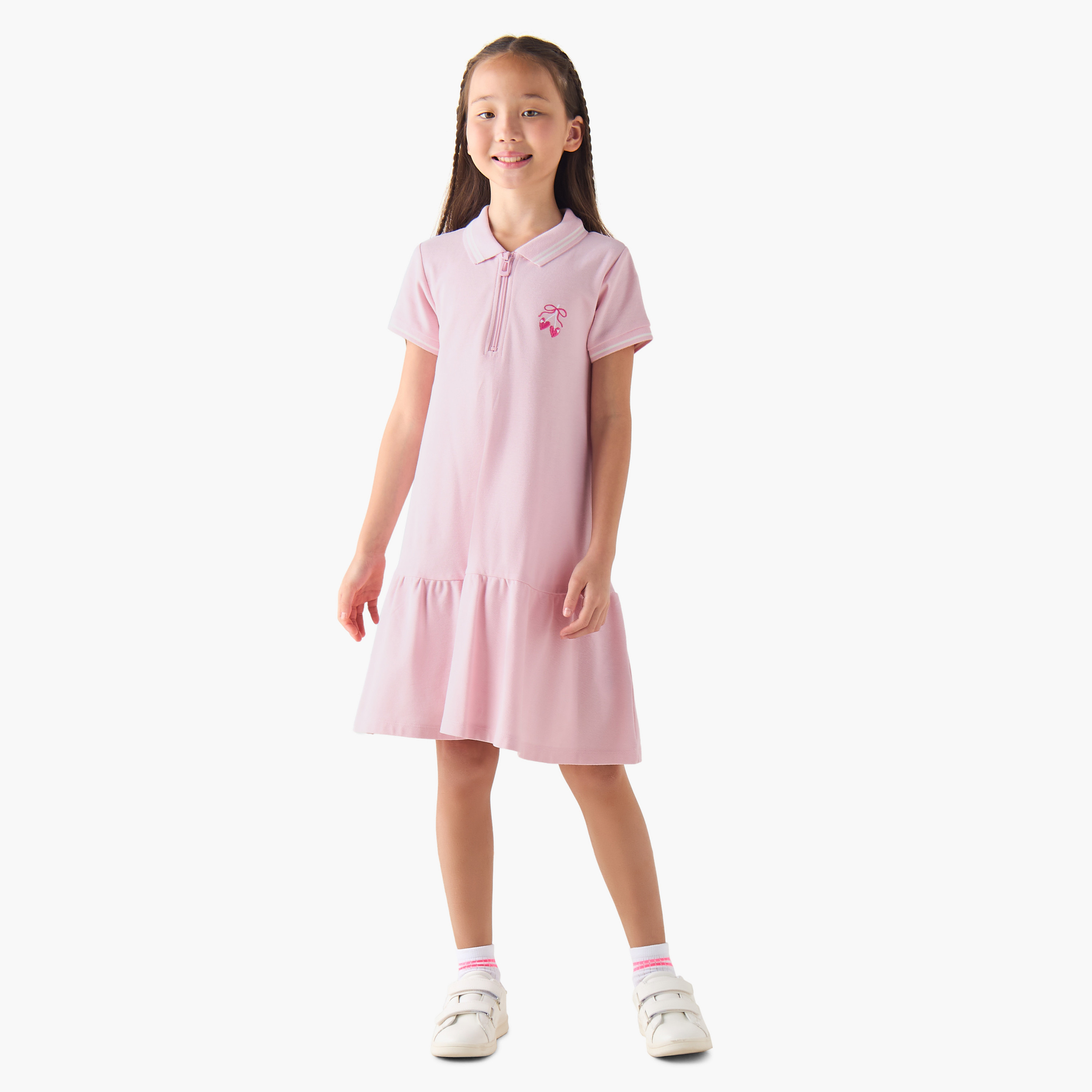 Juniors Collared Short Sleeves Polo Dress with Heart Embroidery-girls-clothing-dressesandjumpsuits-image-2
