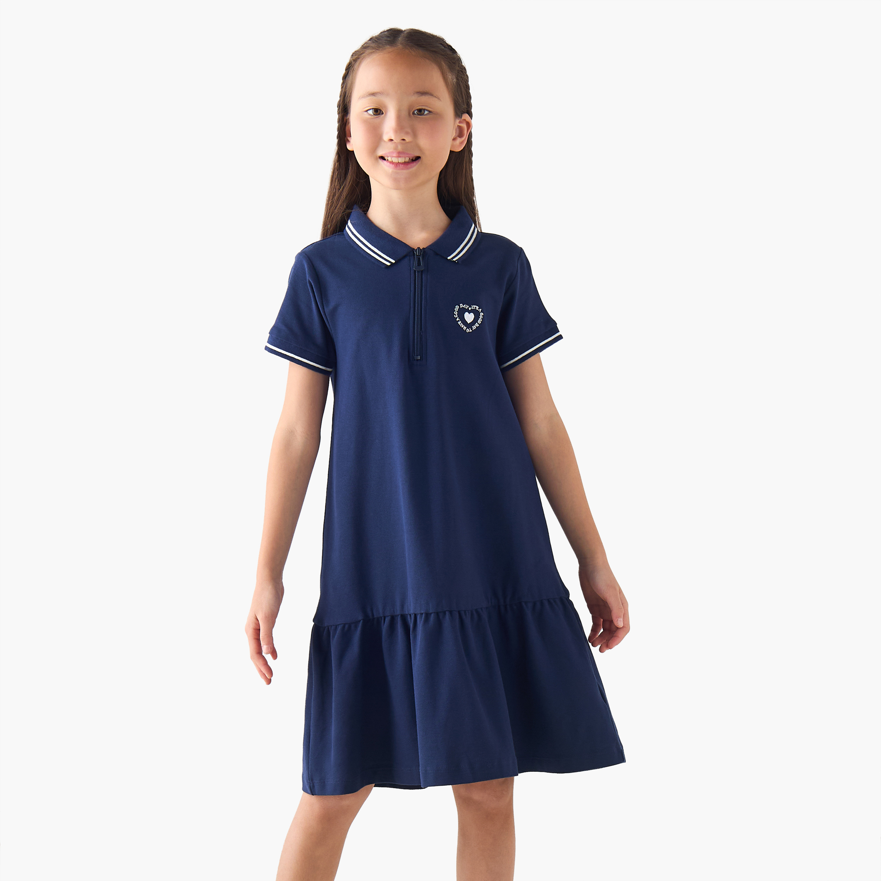 Juniors Polo Short Sleeves Drop Waist Dress with Slogan Embroidery-girls-clothing-dressesandjumpsuits-image-1