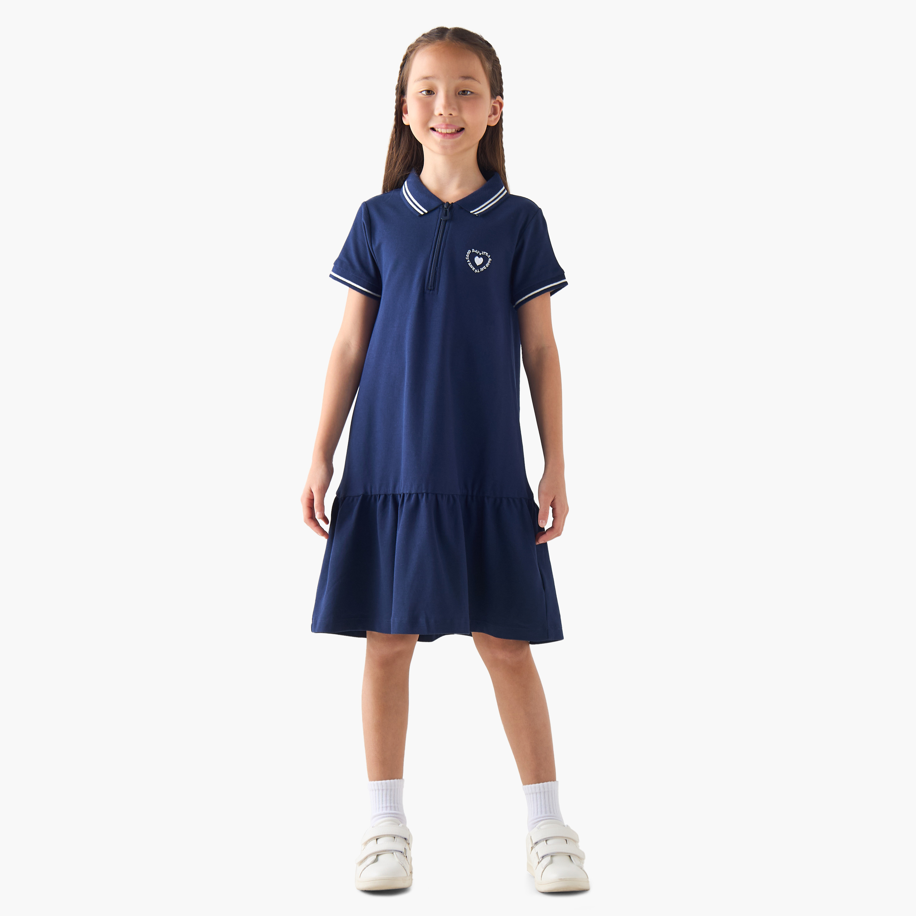 Juniors Polo Short Sleeves Drop Waist Dress with Slogan Embroidery-girls-clothing-dressesandjumpsuits-image-2