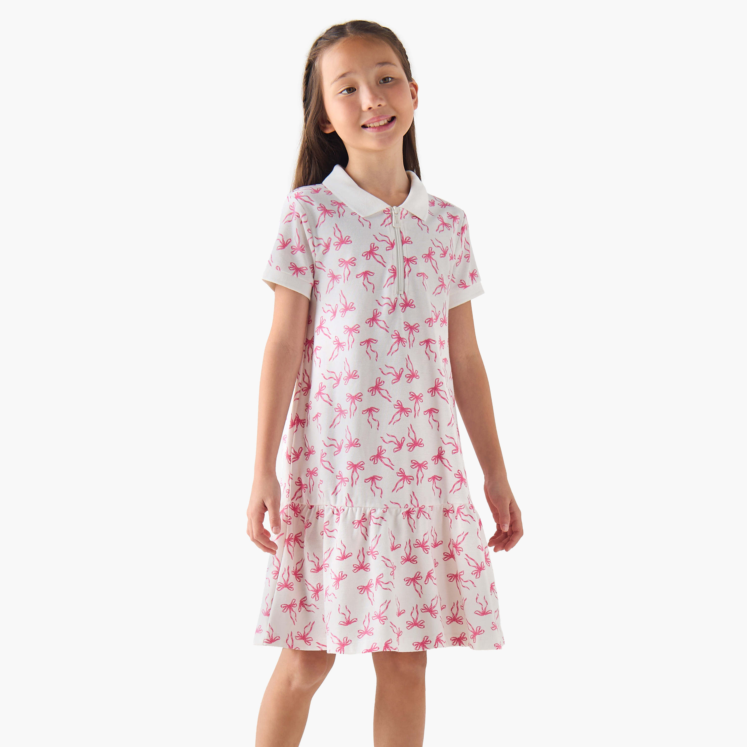 Juniors Collared Short Sleeves Polo Dress with Bow Print-girls-clothing-dressesandjumpsuits-image-1