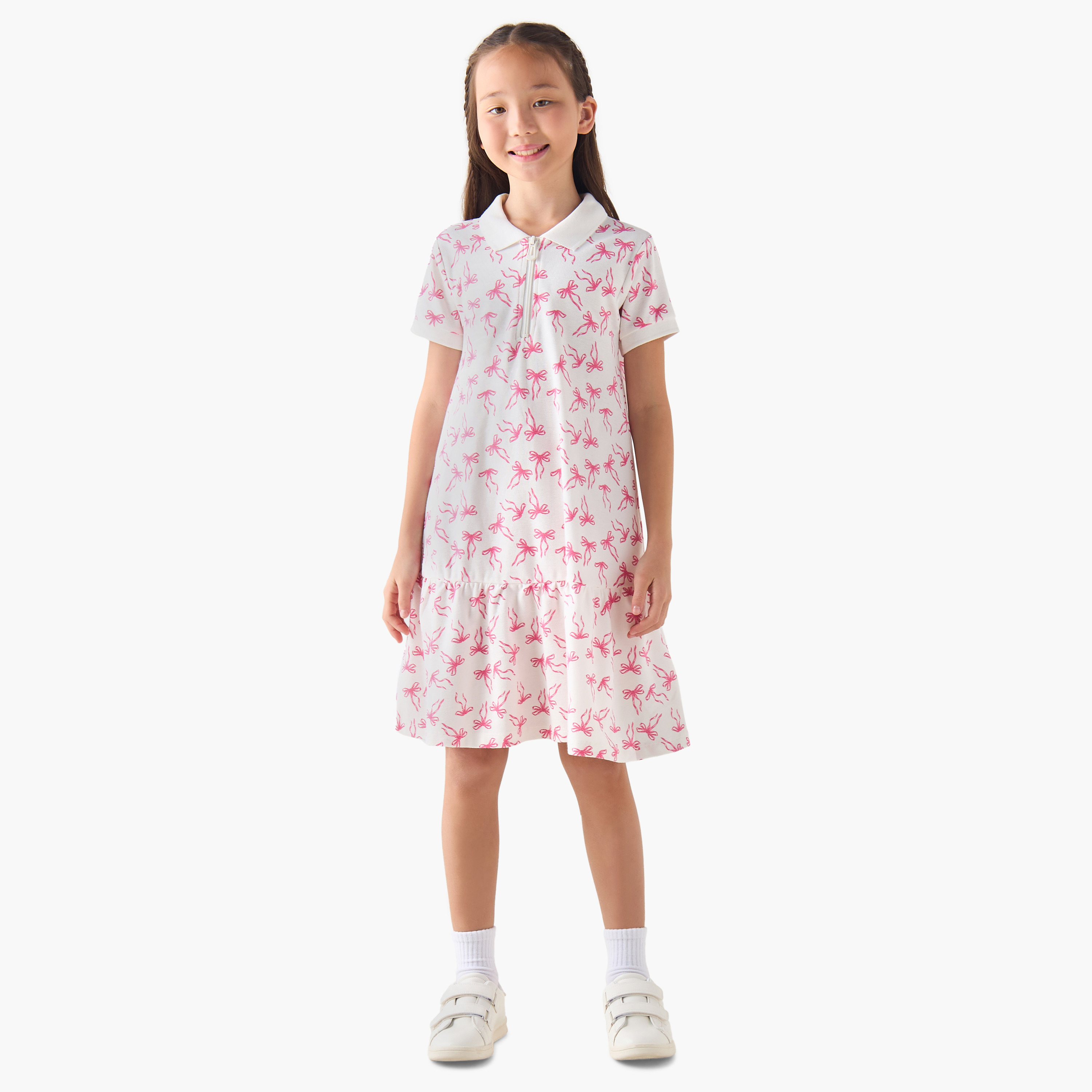 Juniors Collared Short Sleeves Polo Dress with Bow Print-girls-clothing-dressesandjumpsuits-image-2