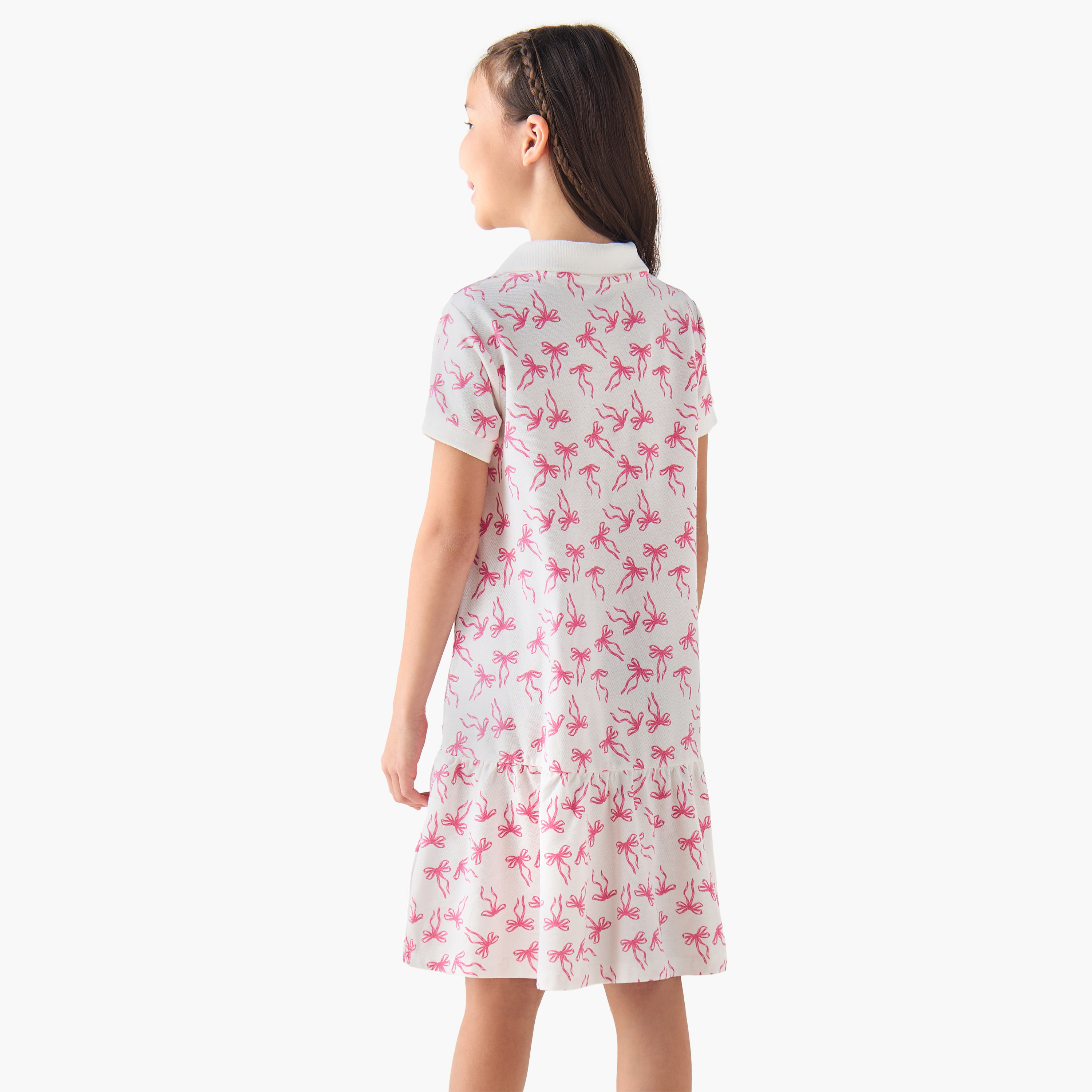 Juniors Collared Short Sleeves Polo Dress with Bow Print-girls-clothing-dressesandjumpsuits-image-3