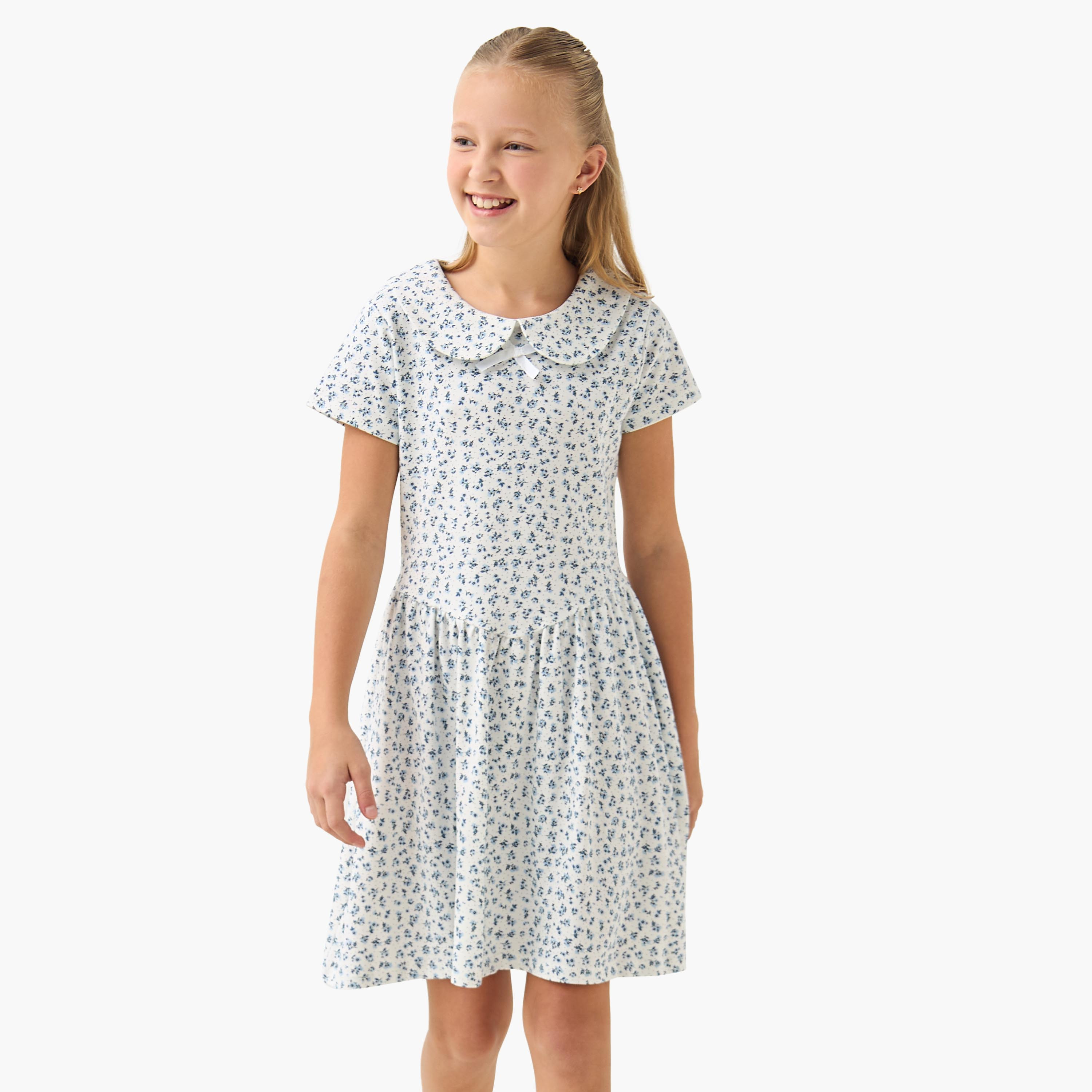 Juniors Peter Pan Collar Short Sleeve Dress with Floral Print-girls-clothing-dressesandjumpsuits-image-1