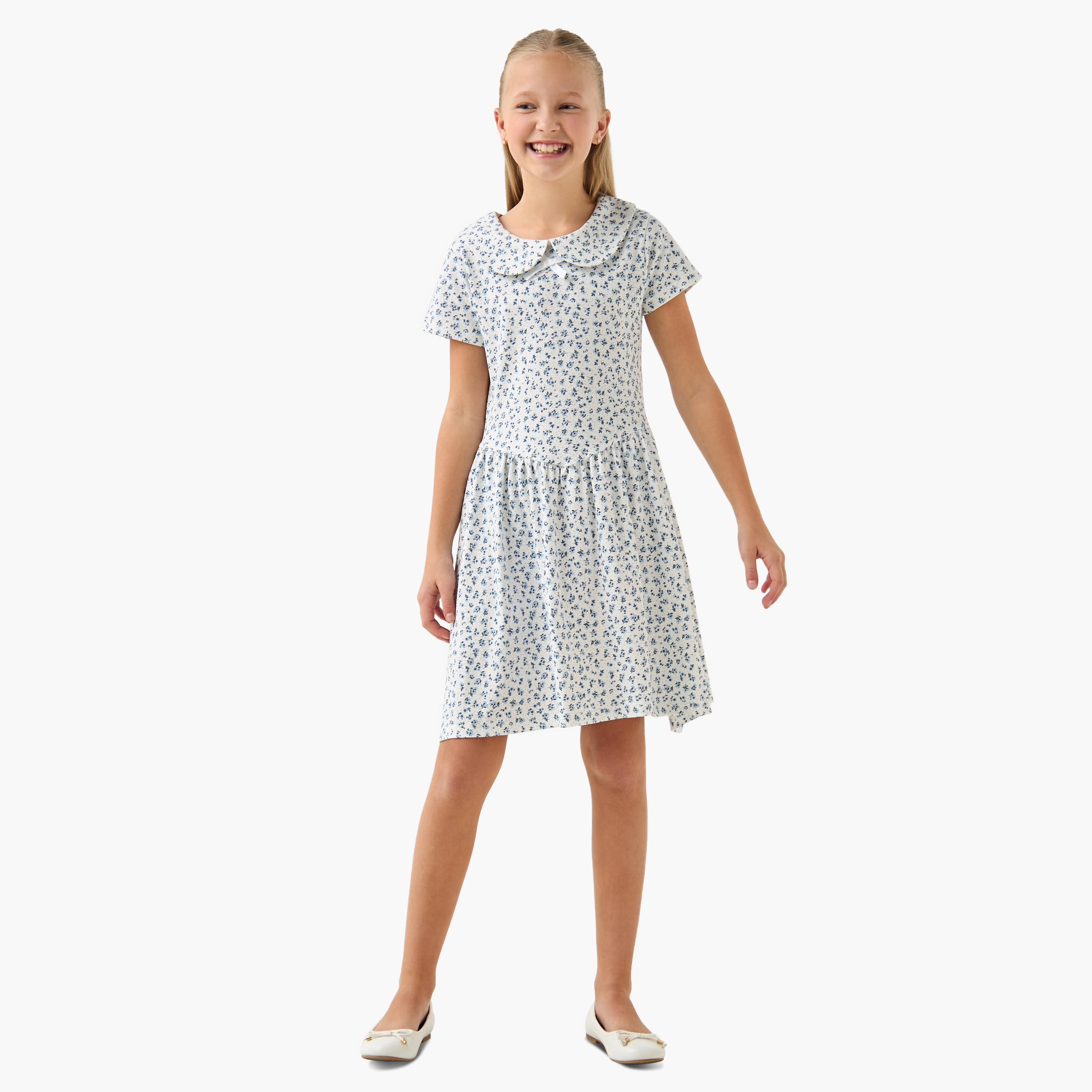 Juniors Peter Pan Collar Short Sleeve Dress with Floral Print-girls-clothing-dressesandjumpsuits-image-2