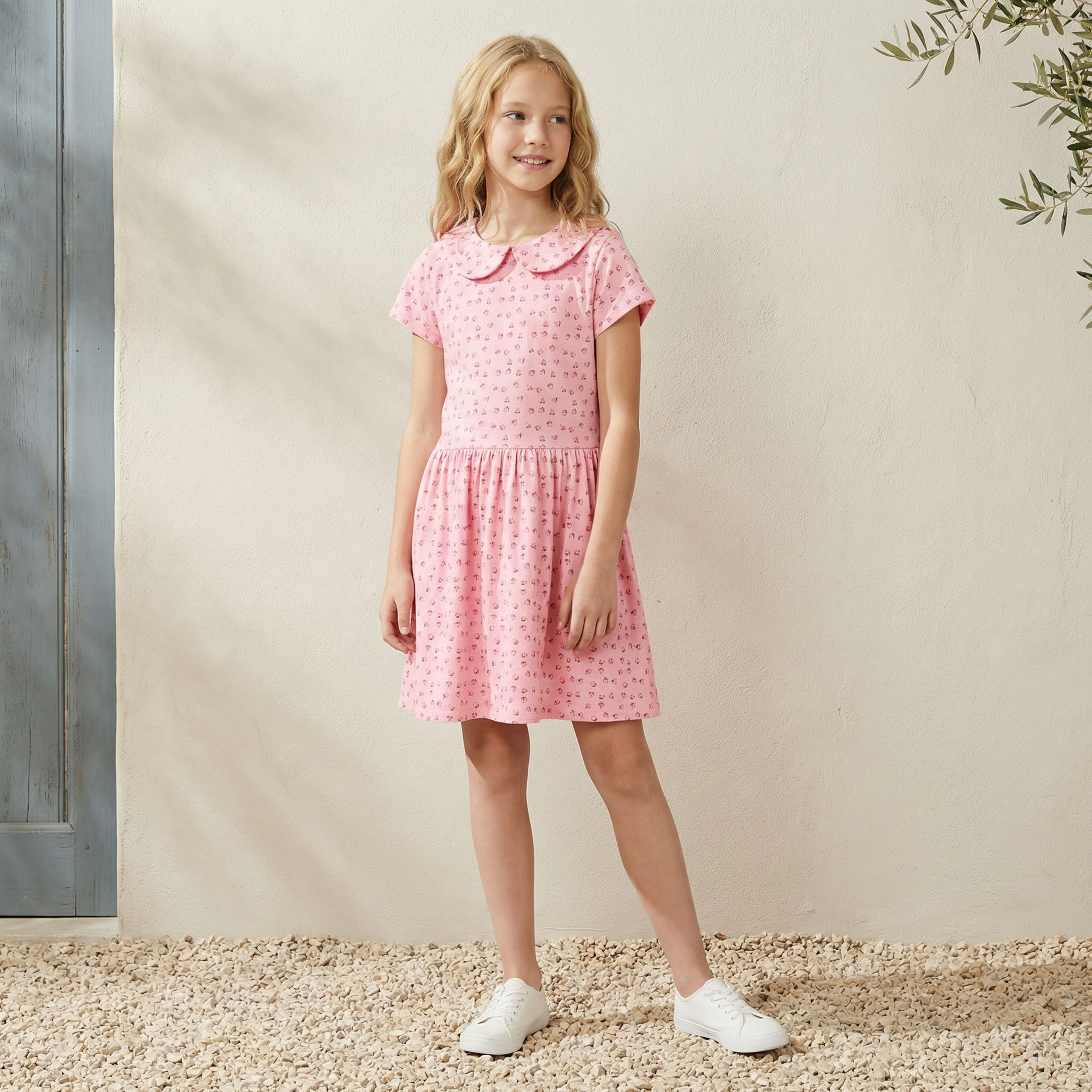 Juniors Peter Pan Collar Short Sleeve Dress with Bow Print-girls-clothing-dressesandjumpsuits-image-1