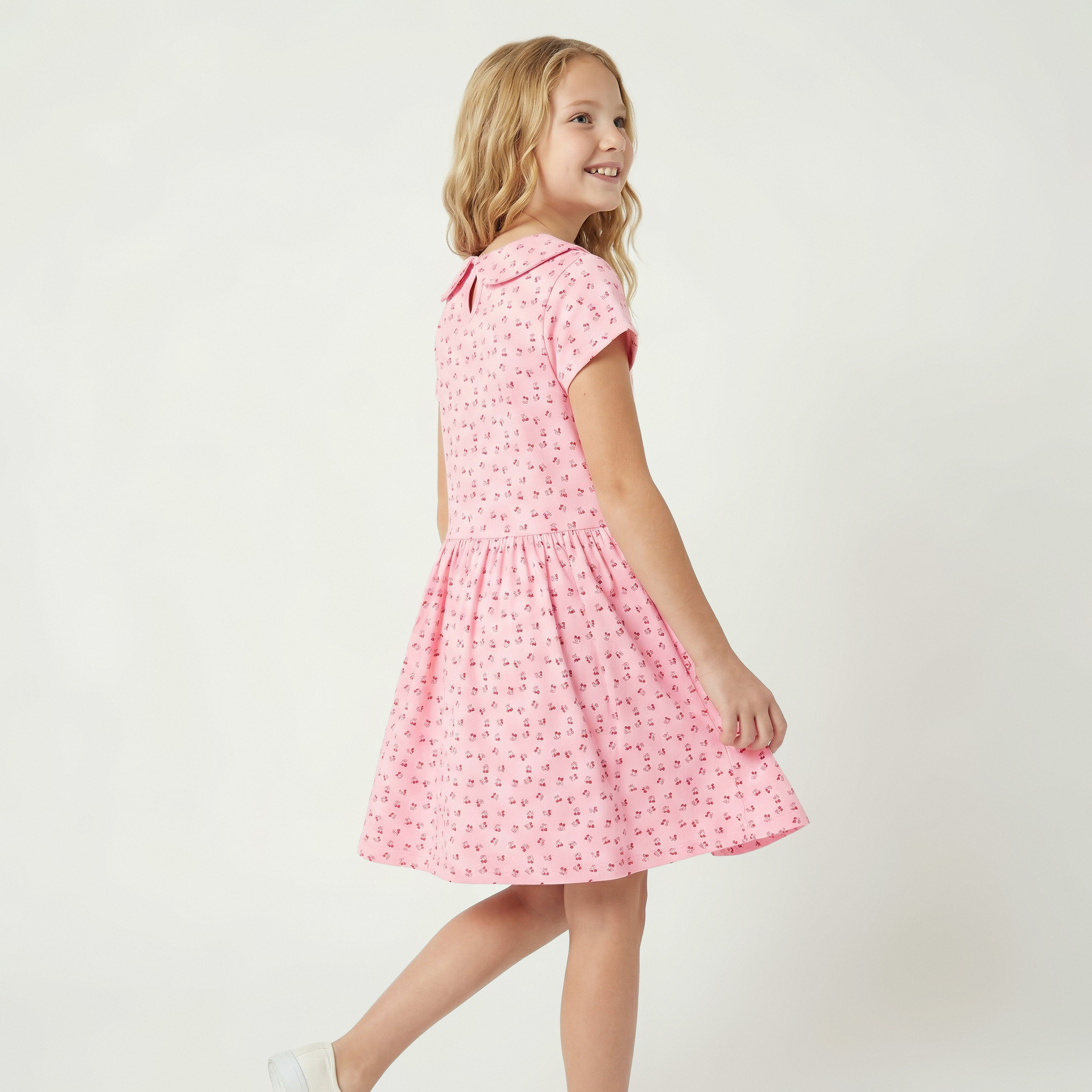 Juniors Peter Pan Collar Short Sleeve Dress with Bow Print-girls-clothing-dressesandjumpsuits-image-2