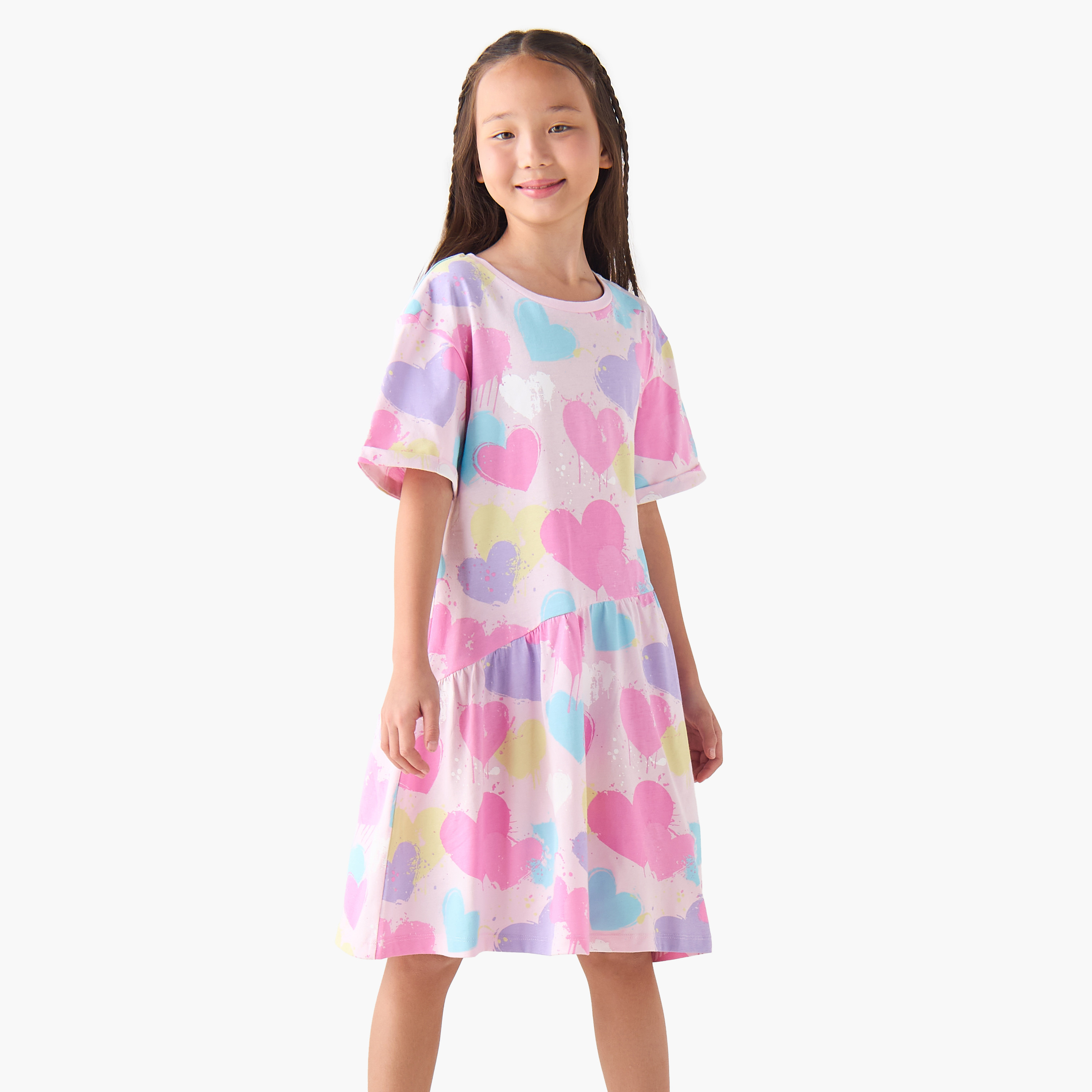 Juniors Round Neck Short Sleeves Dress with Heart Print-girls-clothing-dressesandjumpsuits-image-1