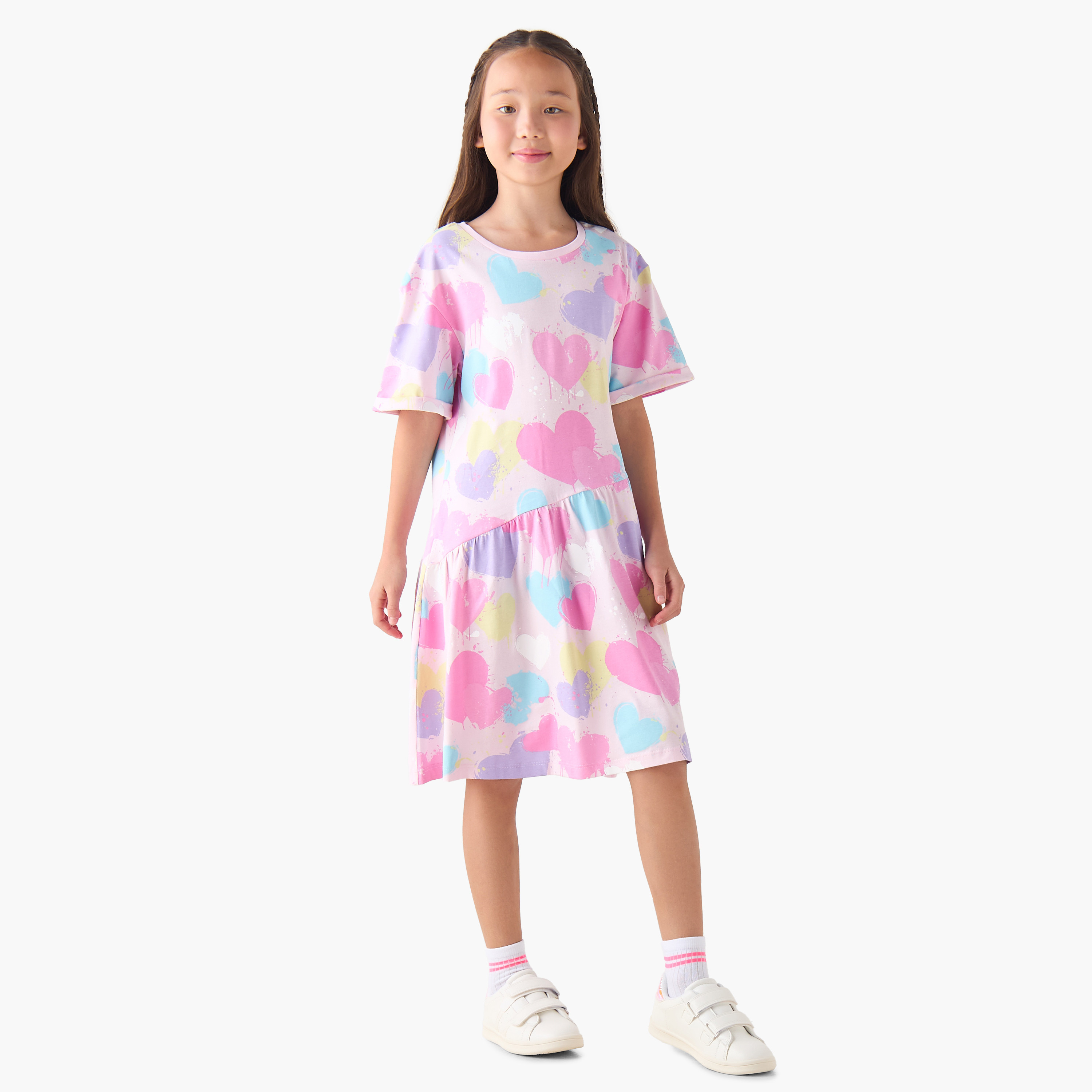 Juniors Round Neck Short Sleeves Dress with Heart Print-girls-clothing-dressesandjumpsuits-image-2