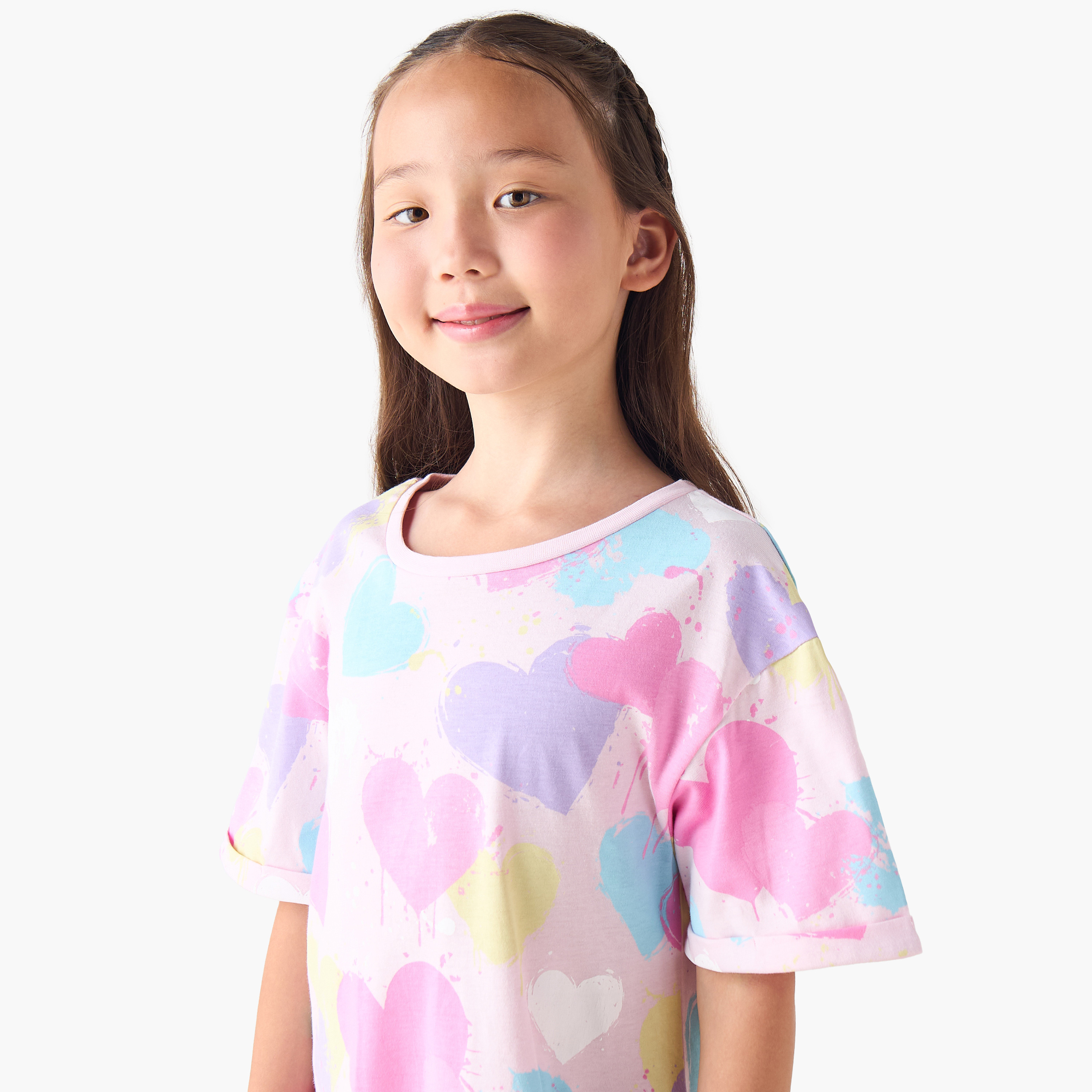 Juniors Round Neck Short Sleeves Dress with Heart Print-girls-clothing-dressesandjumpsuits-image-4